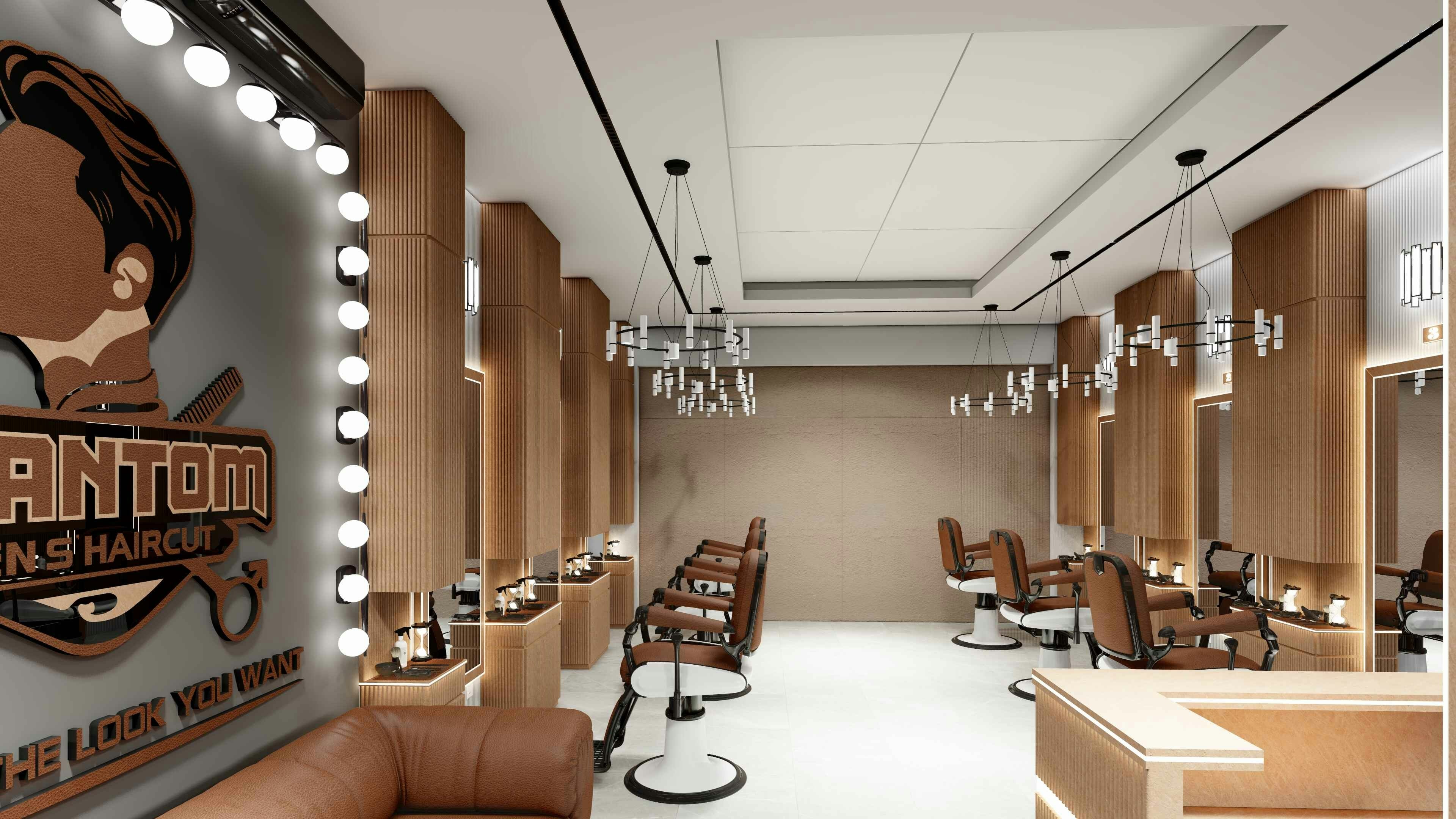 Elegante kapperssalon met grote, verlichte kappersspiegels, moderne werkplekken en warme houten accenten – ideaal voor het presenteren van hoogwaardige salonspiegels
