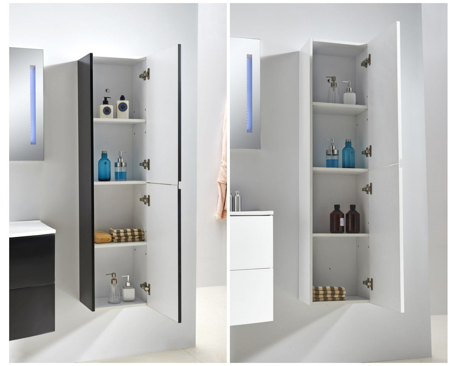 Badezimmer-Hochschrank Leeds mit offenen Regalfächern und Türen, weiß