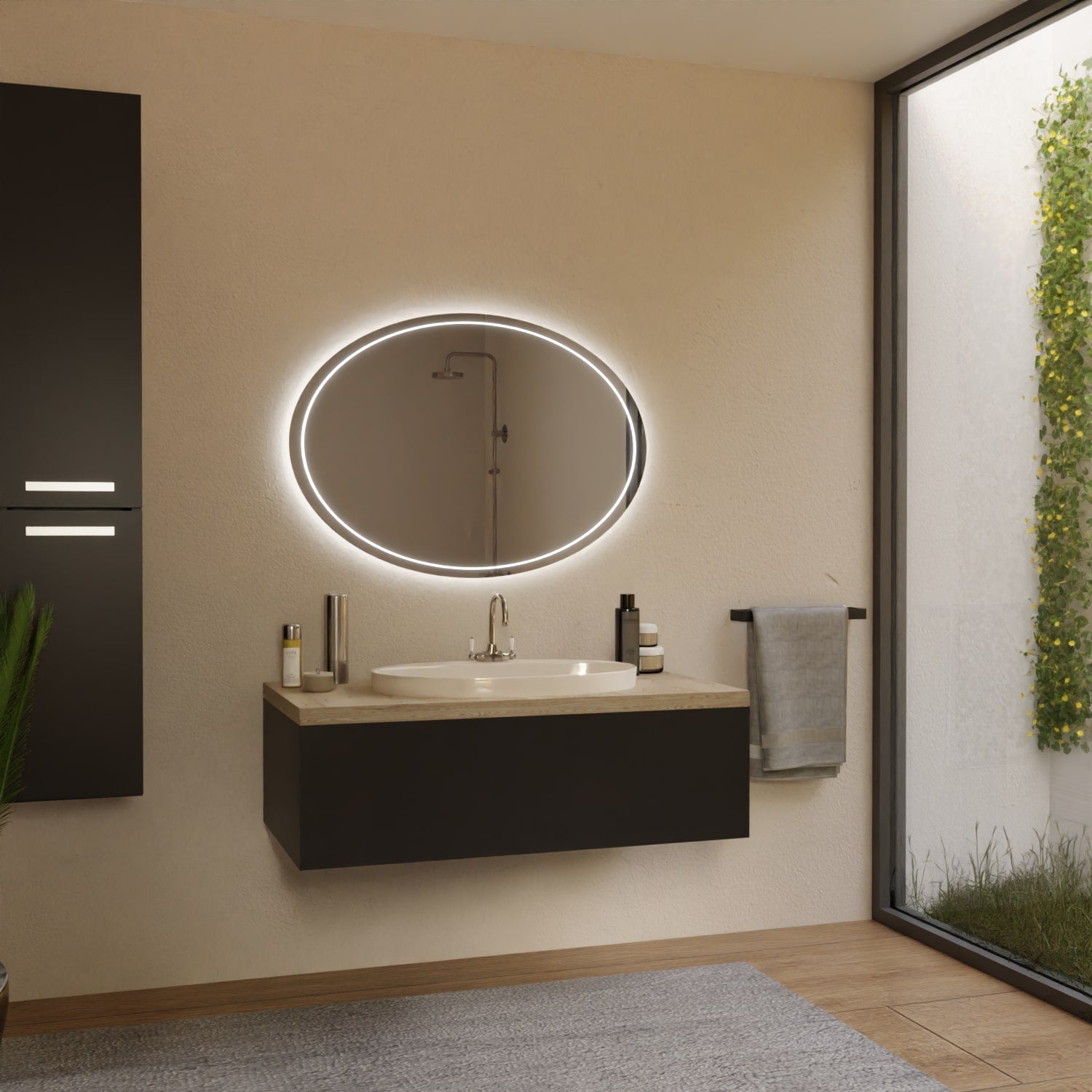 Ovaler LED-Wandspiegel mit schmalem Leuchtrahmen und rundum sichtbarer Beleuchtung