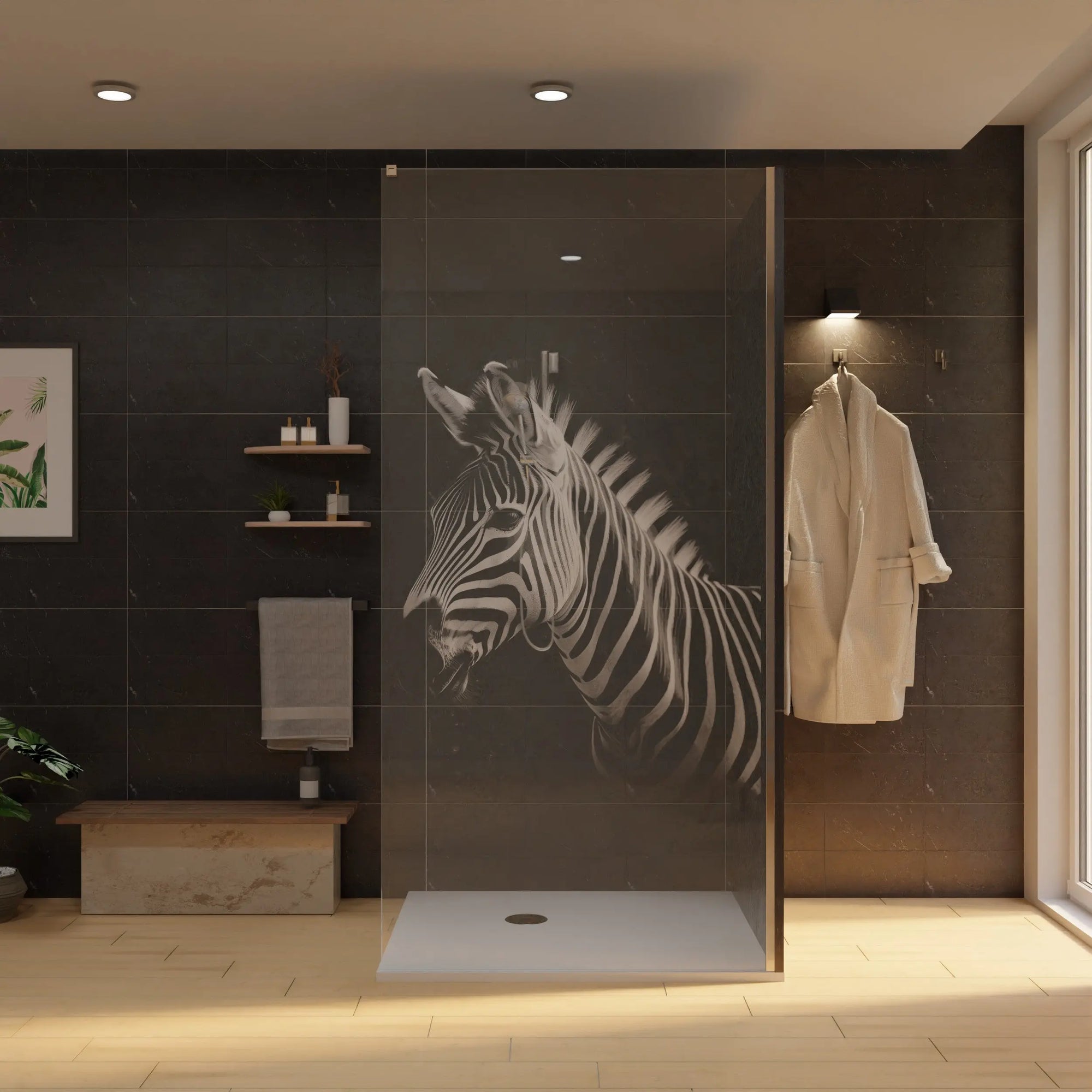 Duschwand aus Glas mit Laser-Zebra-Motiv, rechte Seitenansicht mit Rahmen