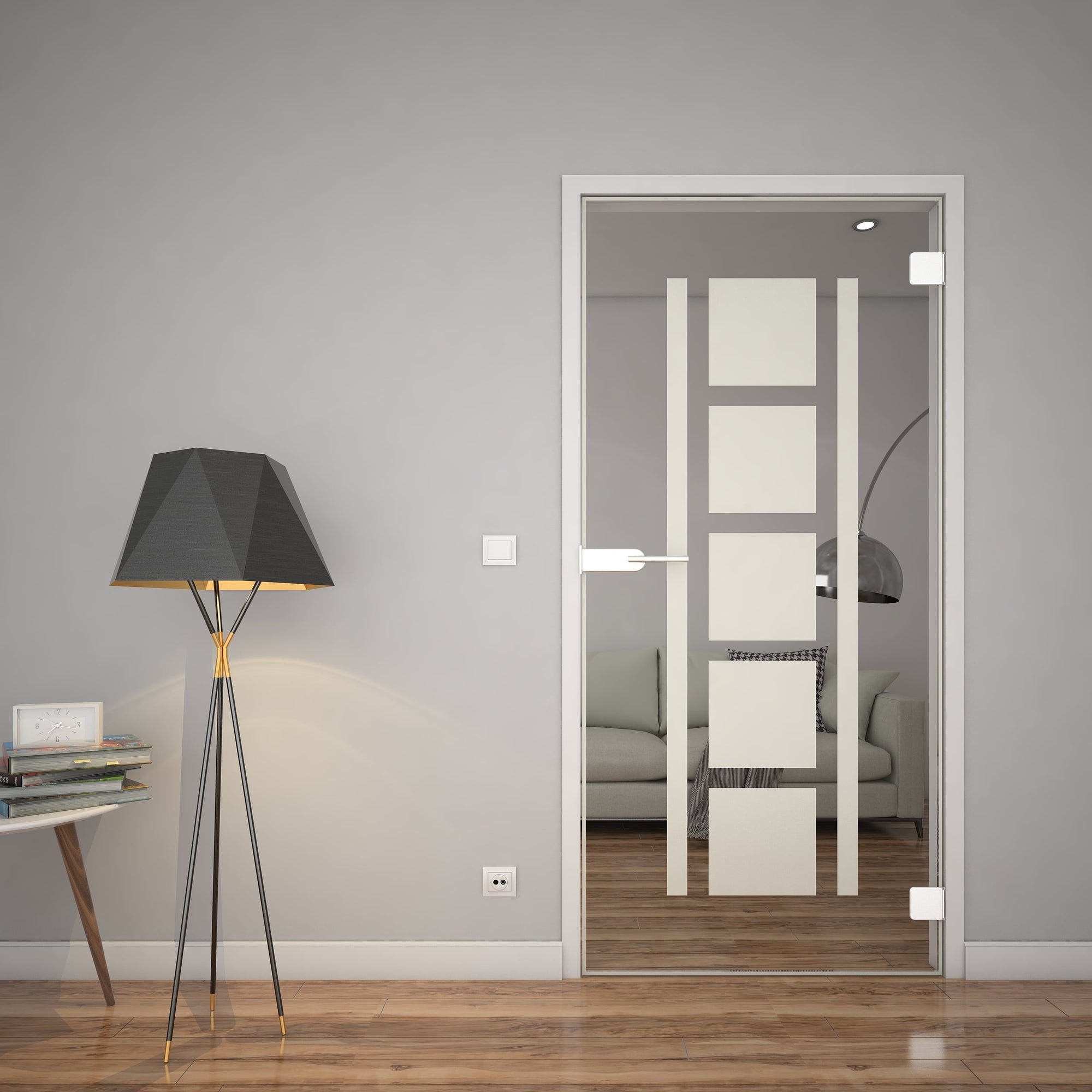 Glas-Zimmertür mit weißen Sprossen, rechteckigen Feldern und Griff