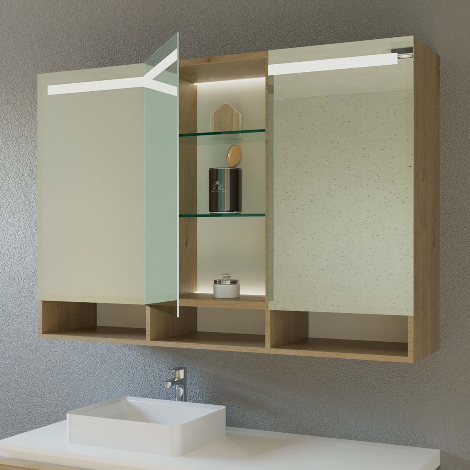 Bad-Spiegelschrank, geöffnet, mit LED-Leiste, Glasablagen und Spiegelrückwand im Holzrahmen