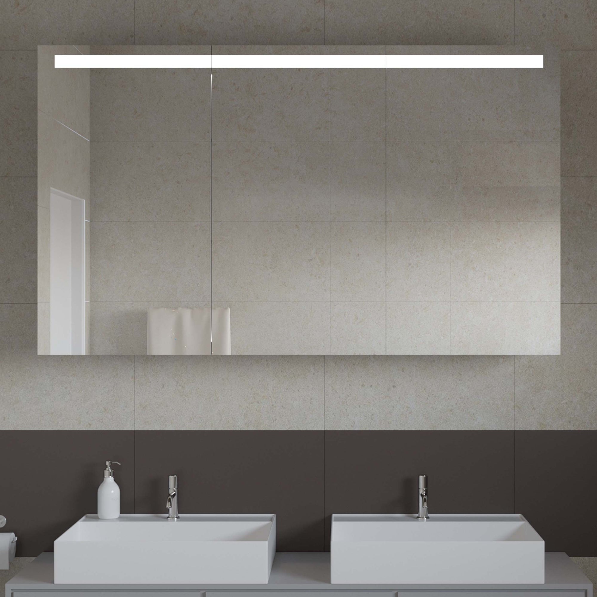 Spiegelkast met doorlopende LED-verlichting boven de deurspiegel, platte voorkant
