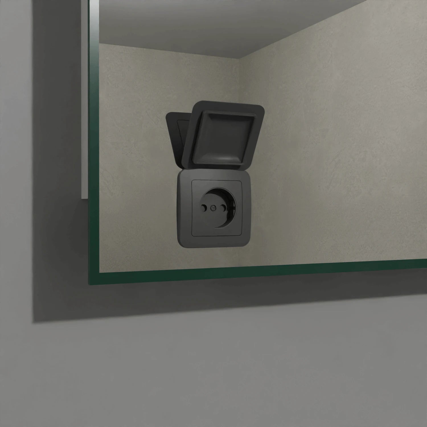 Integrierte Steckdose mit Klappabdeckung in einem modernen Badezimmerspiegel.
