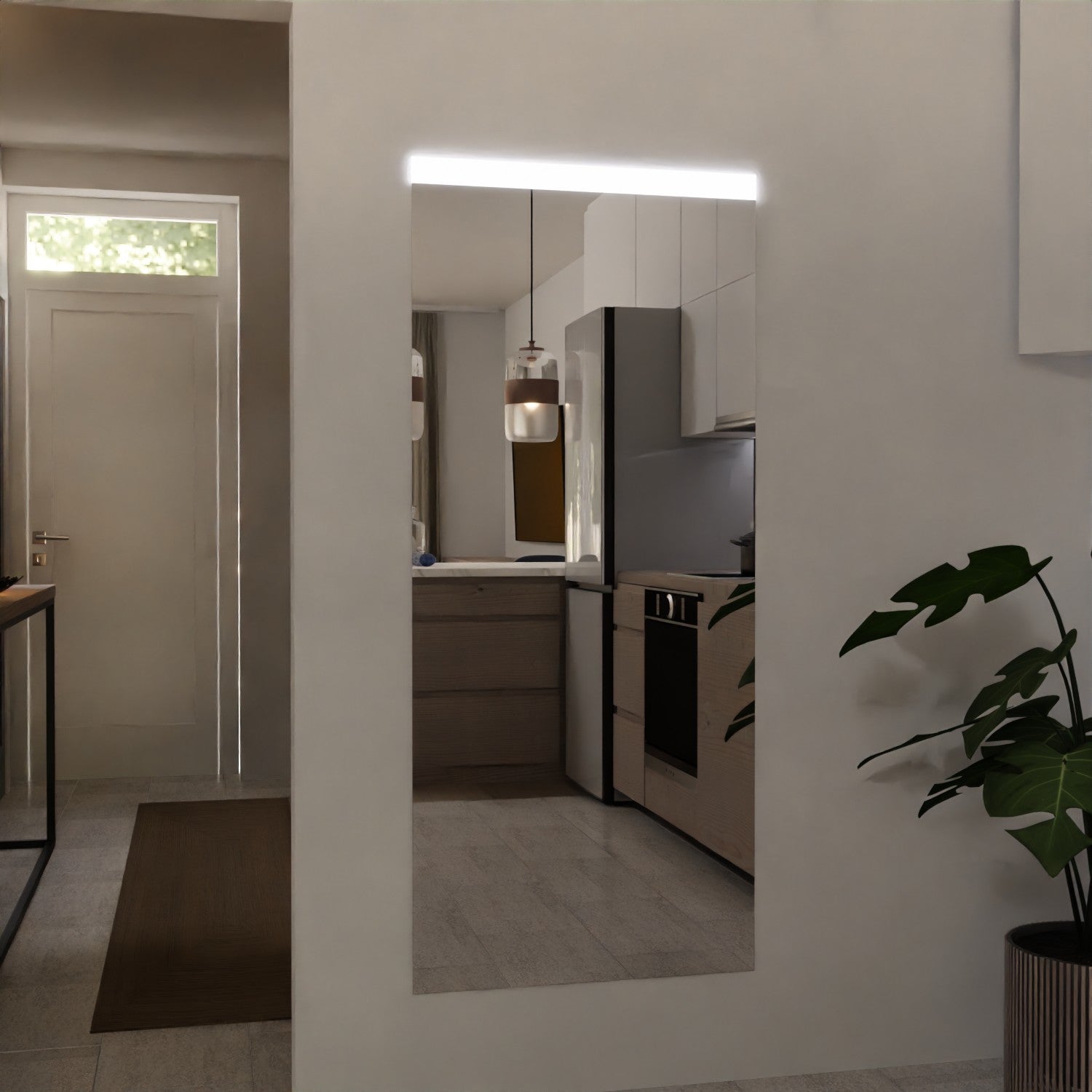 LED-Flurspiegel mit Lichtleiste oben und hellgrauem Rahmen, rechteckig