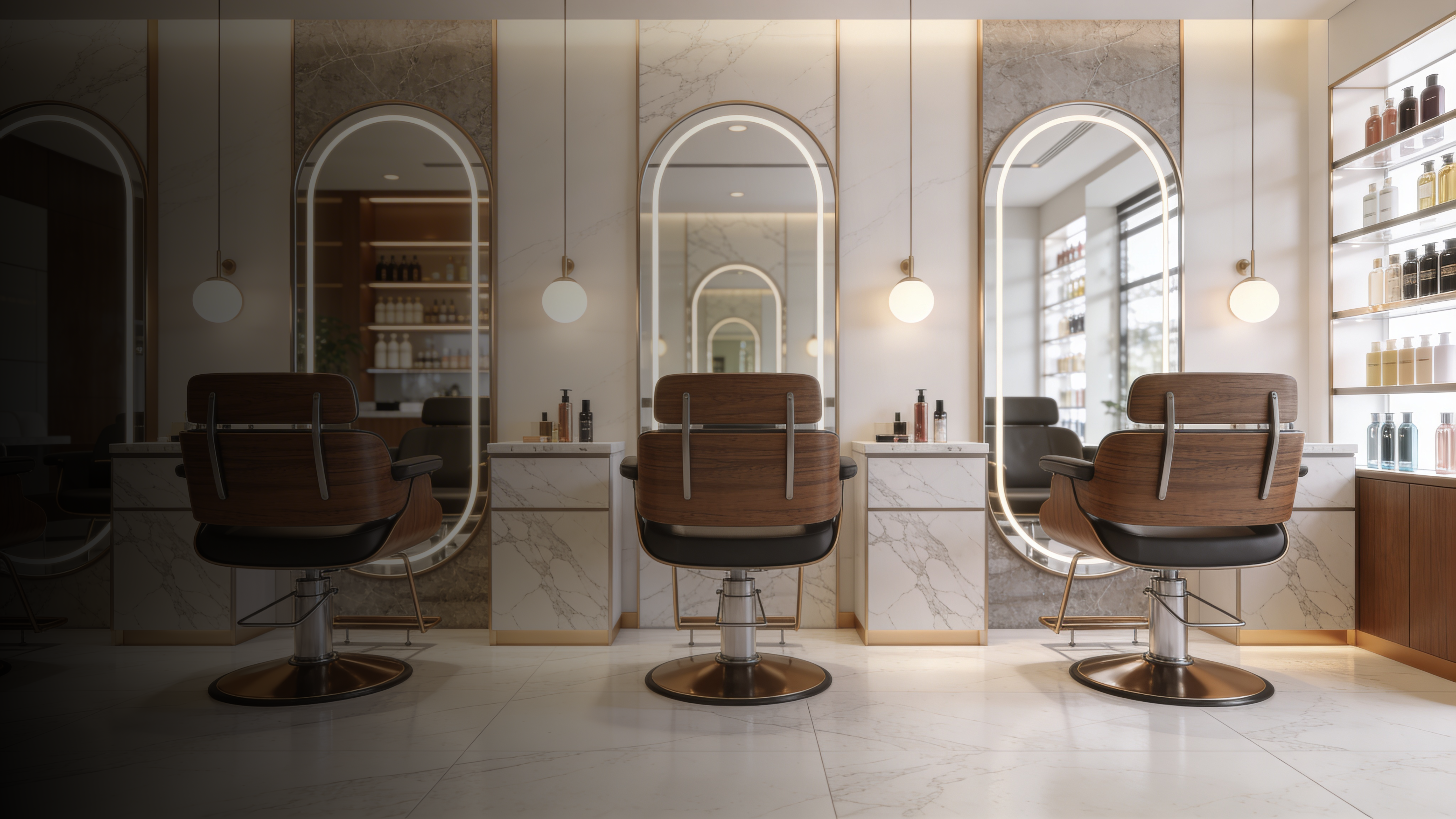 Moderne Friseurspiegel mit integrierter LED-Beleuchtung in einem hochwertigen Salon mit stilvollen Bedienplätzen