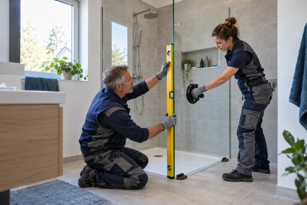 Zwei Fachkräfte richten eine Duschwand aus Klarglas mit Wasserwaage und Glassauger aus.