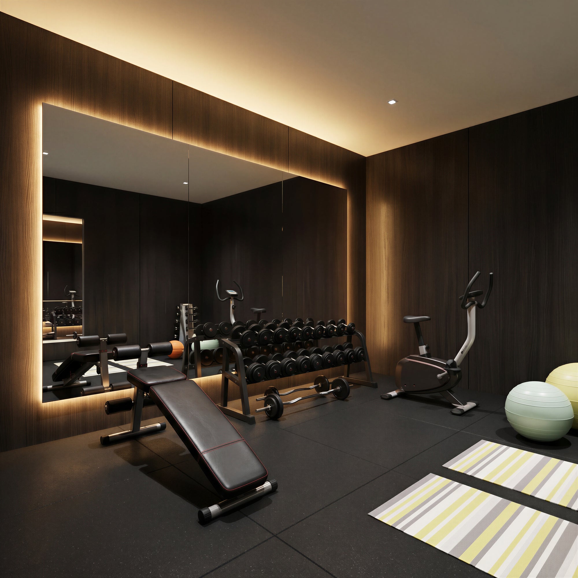Moderner Fitnessraum mit großer Spiegelwand, warmer LED-Hintergrundbeleuchtung, Hantelbank, Kurzhanteln und Trainingsgeräten im Home Gym