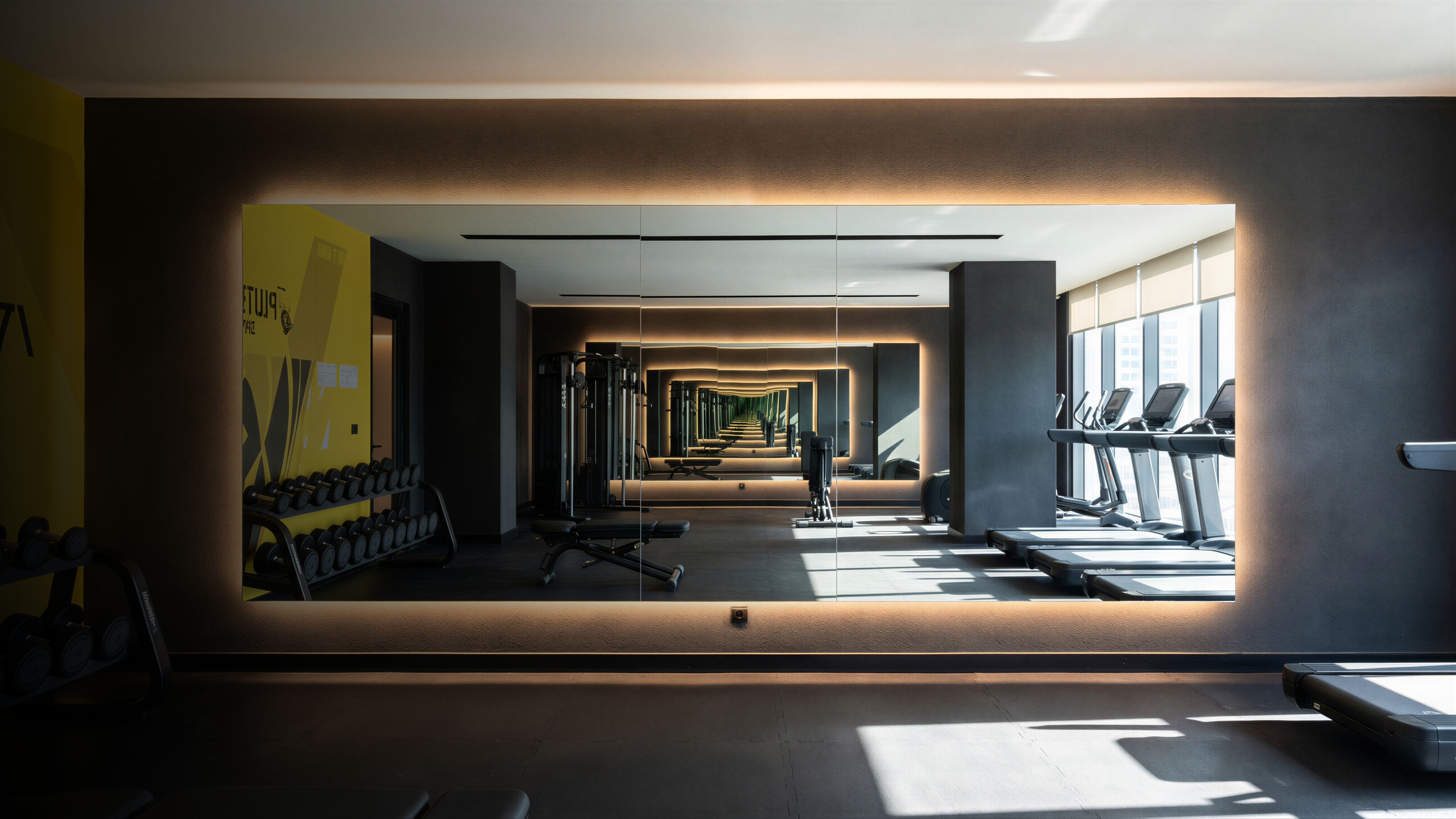 Große Spiegelwand mit warmer LED-Hintergrundbeleuchtung in einem modernen Fitnessstudio mit Trainingsgeräten, Hanteln und Laufbändern