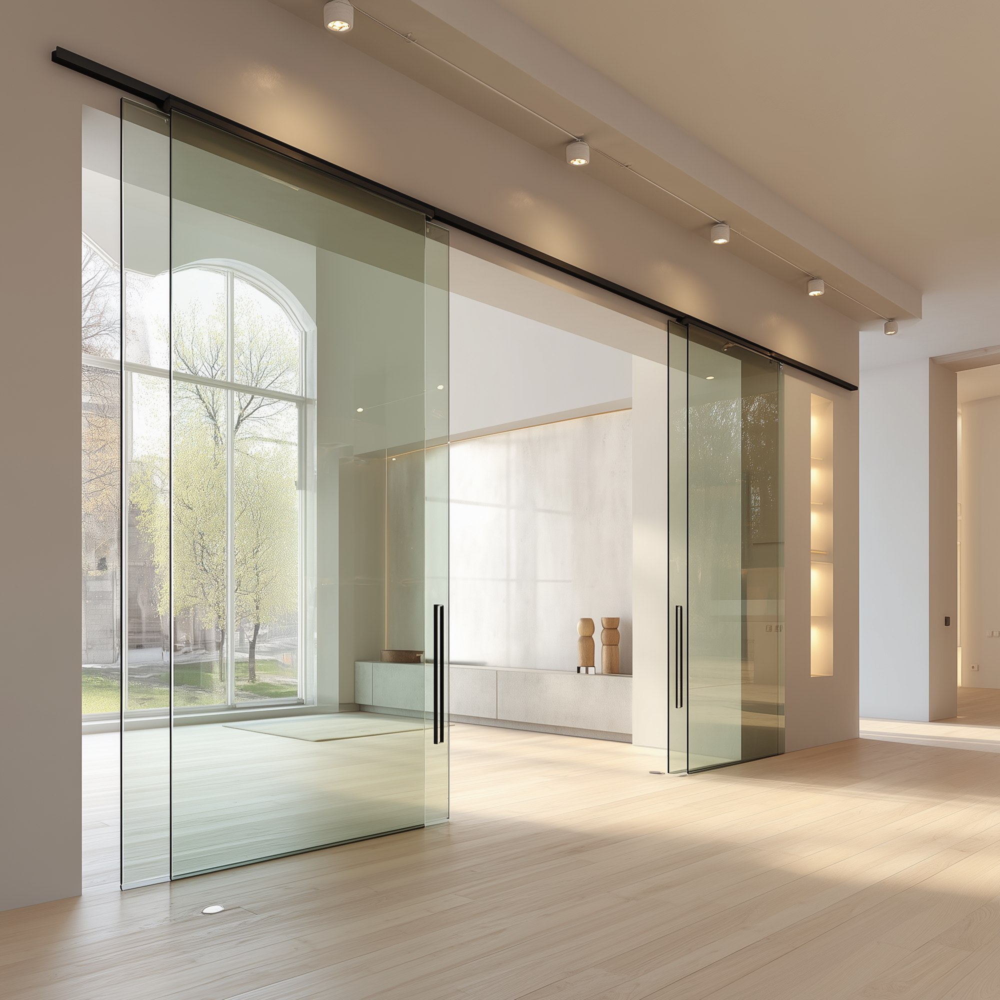 Große Glasschiebetüren mit schwarzer Laufschiene als eleganter Raumtrenner in einem hellen modernen Wohnbereich mit bodentiefen Fenstern