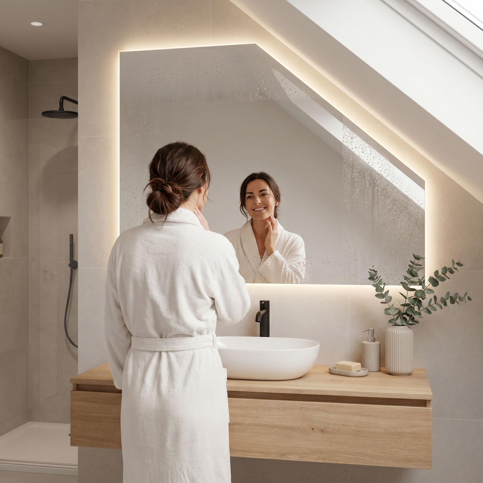 Befestigung einer Glasduschwand mit Wandprofil und stabilisierender Haltestange.