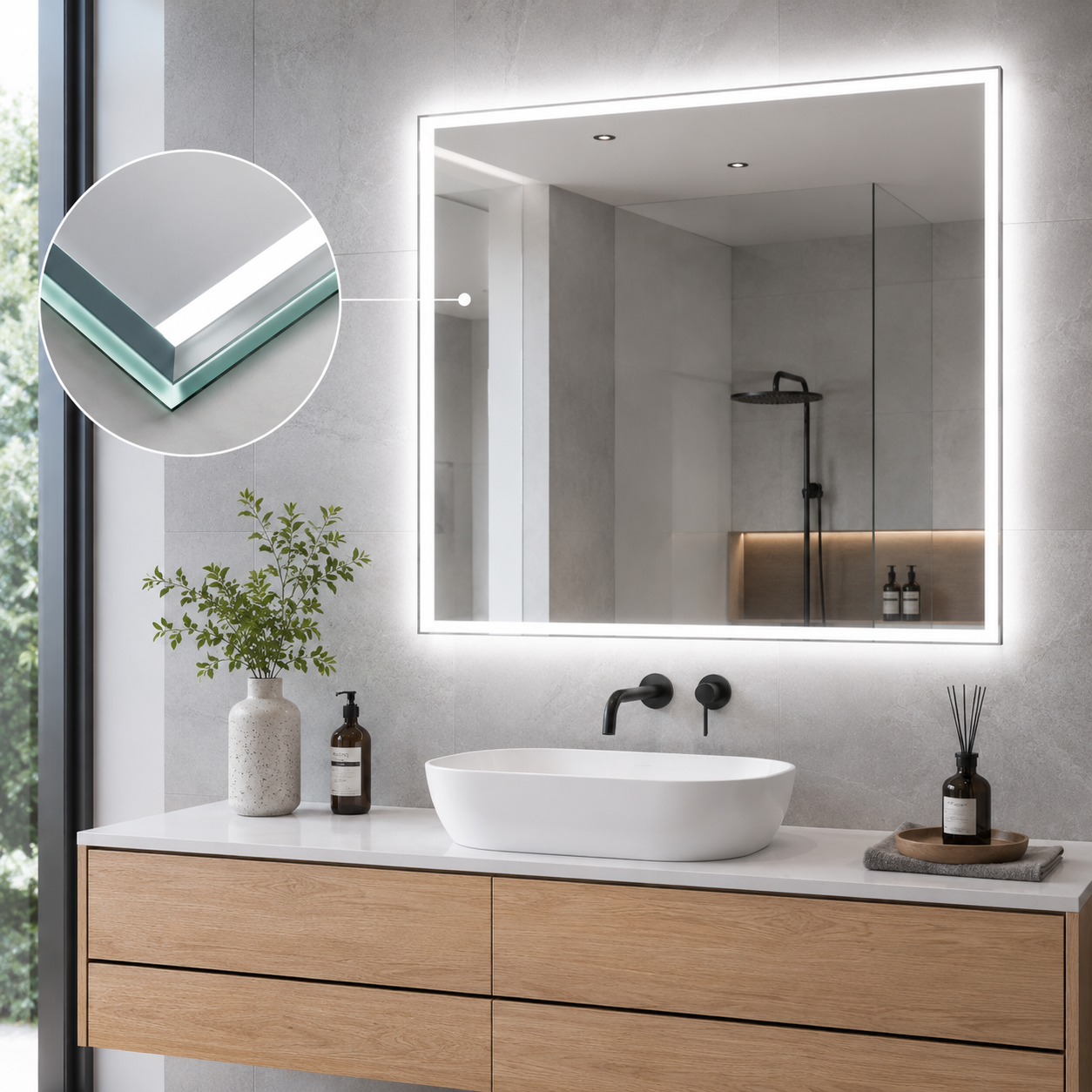 Premium Badspiegel mit LED-Beleuchtung, klarer Spiegeloptik und präzise geschliffenen Glaskanten. Die Detailansicht zeigt die hochwertige Glasverarbeitung, polierte Kanten und die saubere Verarbeitung für moderne Badezimmer und Spiegel nach Maß.