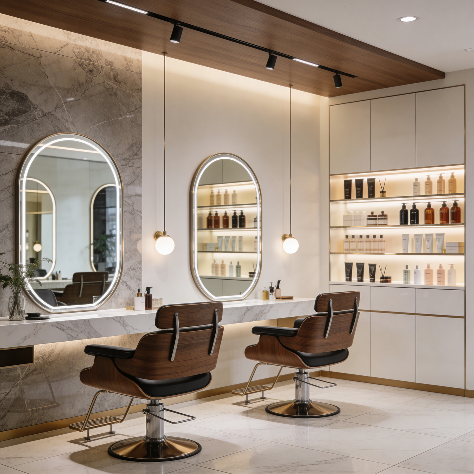 Eleganter Friseursalon mit ovalen Friseurspiegeln, integrierter LED-Beleuchtung, hochwertigen Stylingplätzen und modernen Salonstühlen