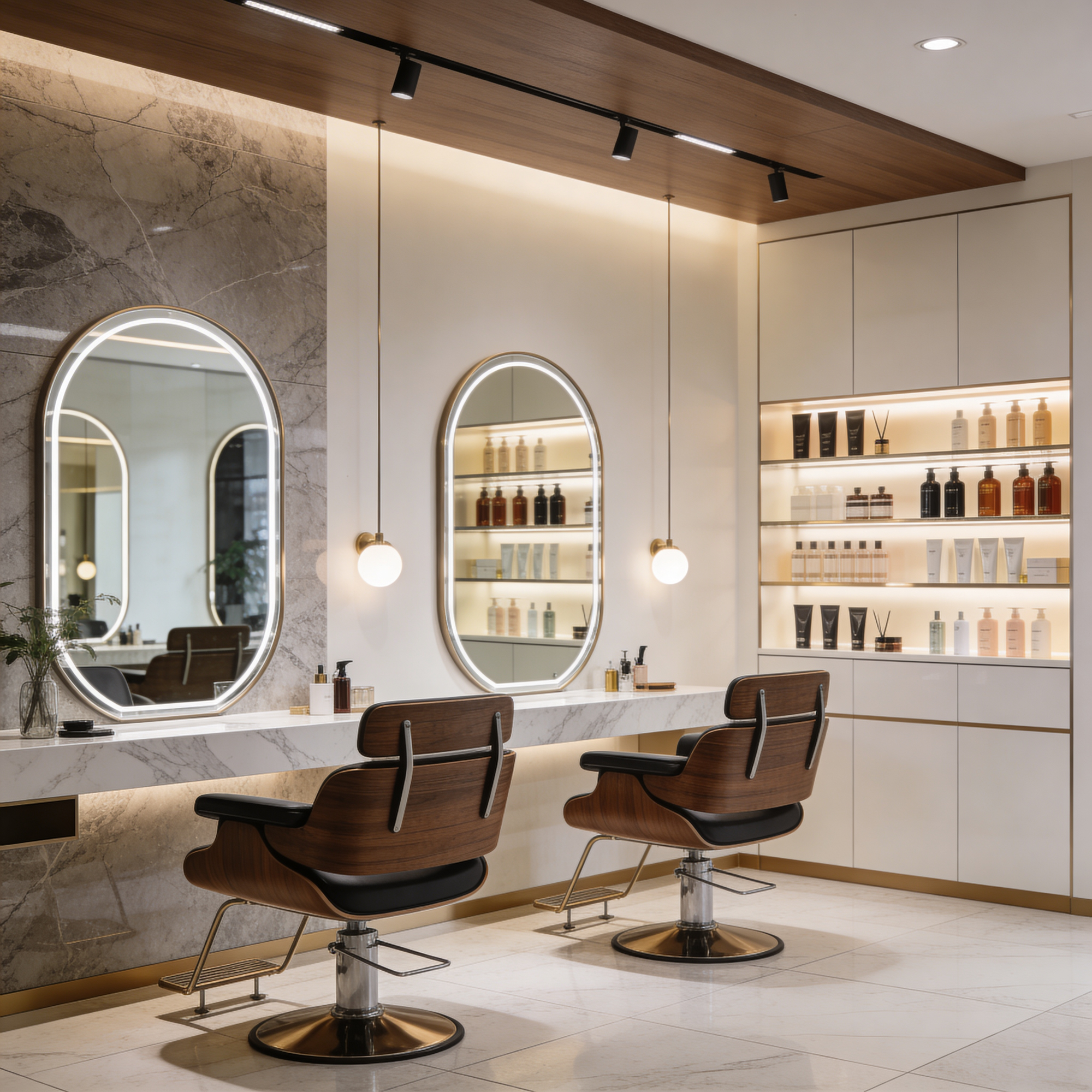 Eleganter Friseursalon mit ovalen Friseurspiegeln, integrierter LED-Beleuchtung, hochwertigen Stylingplätzen und modernen Salonstühlen