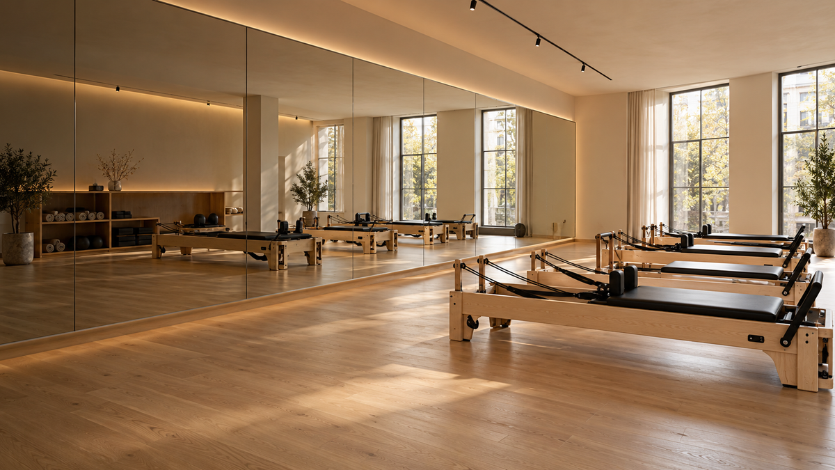 Visualisierung eines Pilatesstudios mit maßgefertigter Spiegelwand, Holzfußboden und Reformer-Geräten.