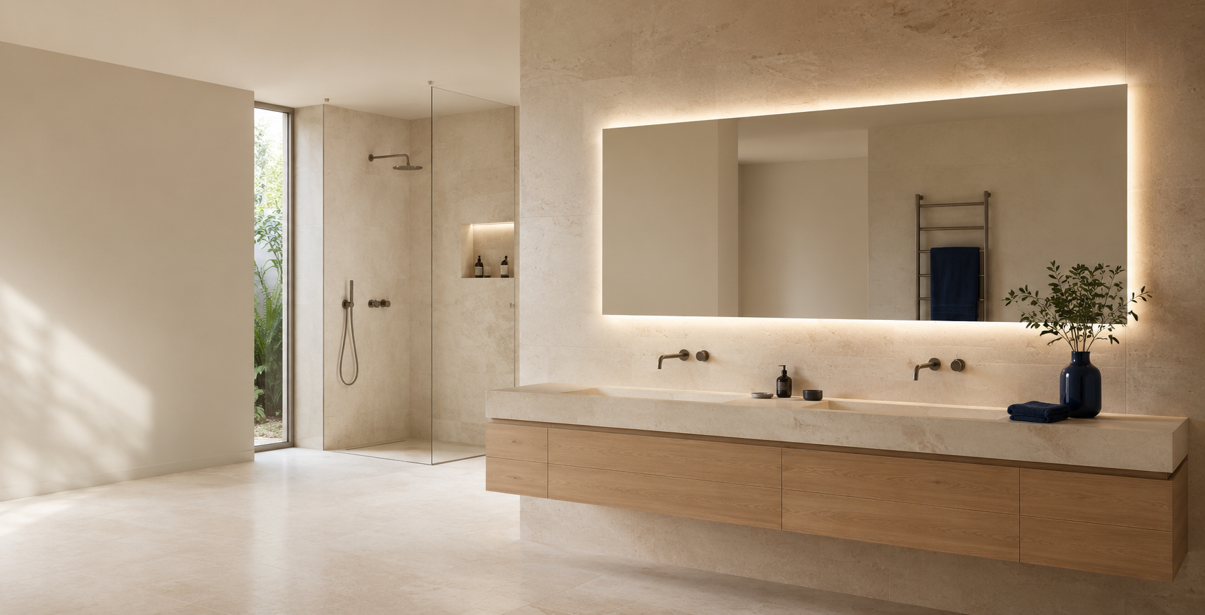 Modernes Badezimmer mit LED-Badspiegel und Walk-in-Dusche