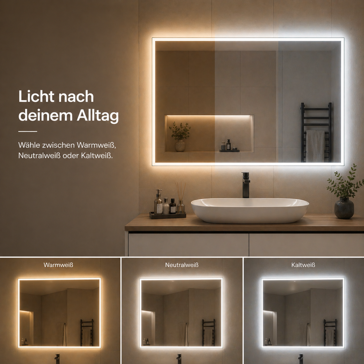 SpiegelMax LED Badspiegel im Vergleich der drei Lichtfarben – Warmweiß, Neutralweiß und Kaltweiß – montiert in modernem Badezimmer mit Waschtisch