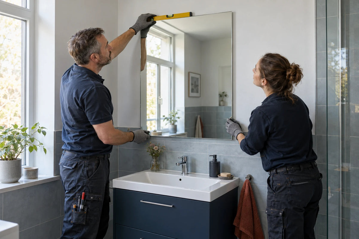 Zwei Fachkräfte prüfen mit einer Wasserwaage die Ausrichtung eines rechteckigen Badspiegels über einem weißen Waschtisch.