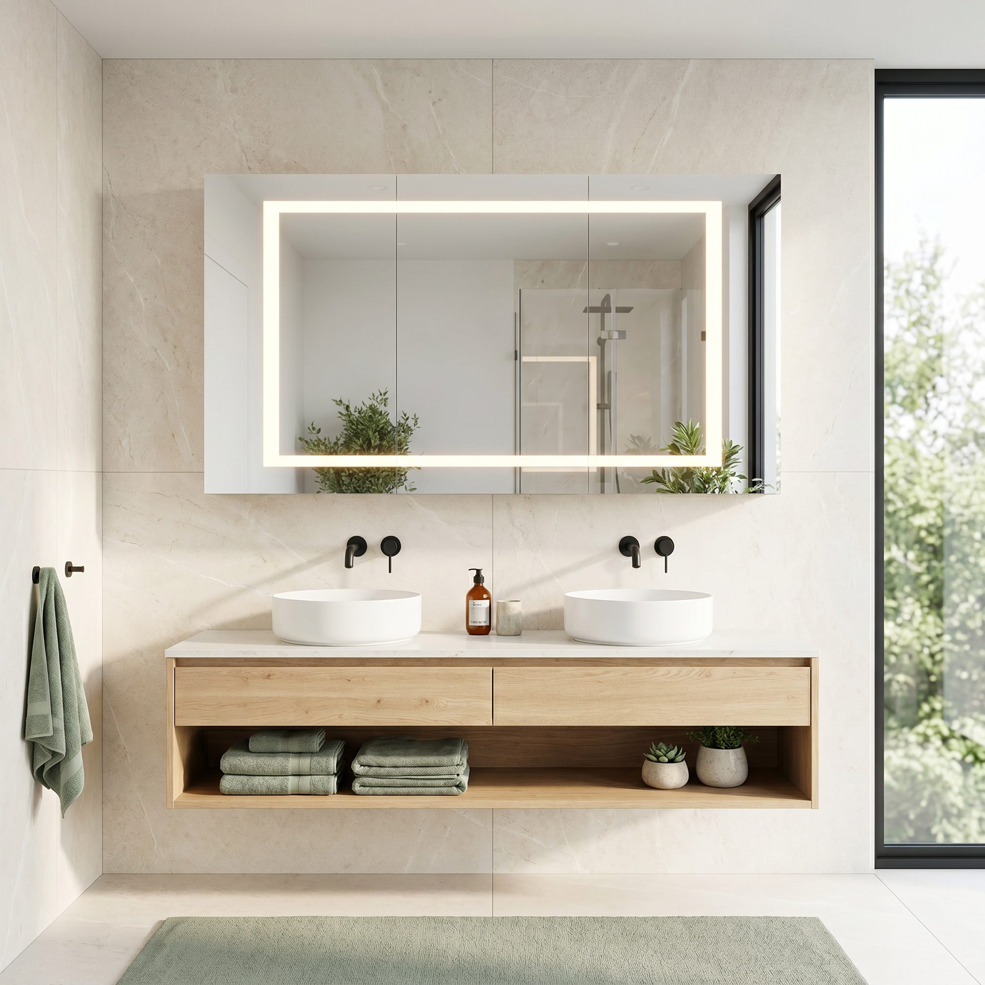 Helles Badezimmer mit LED-Spiegelschrank und Doppelwaschtisch