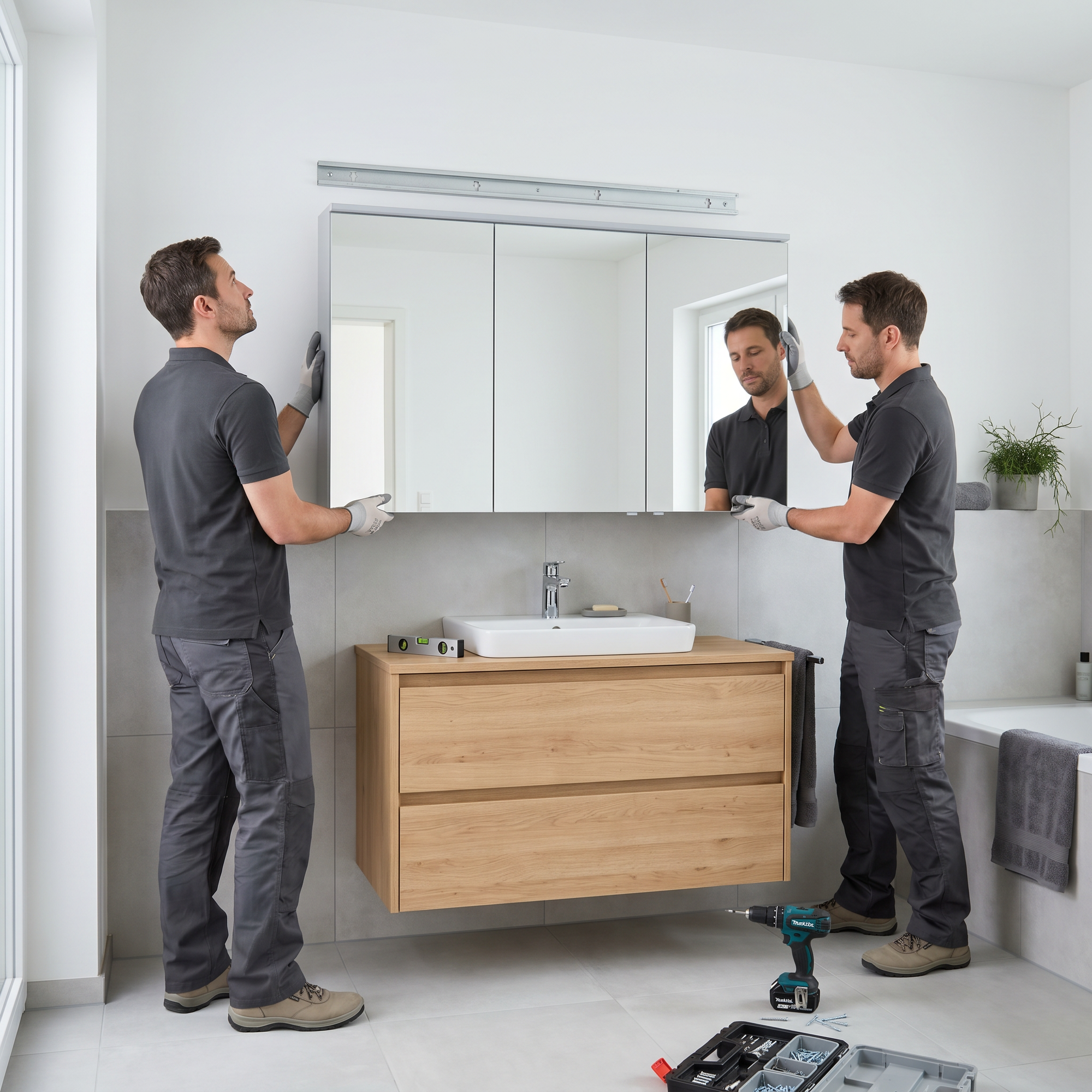 Zwei Monteure befestigen einen dreitürigen Spiegelschrank über dem Waschtisch im Badezimmer.
