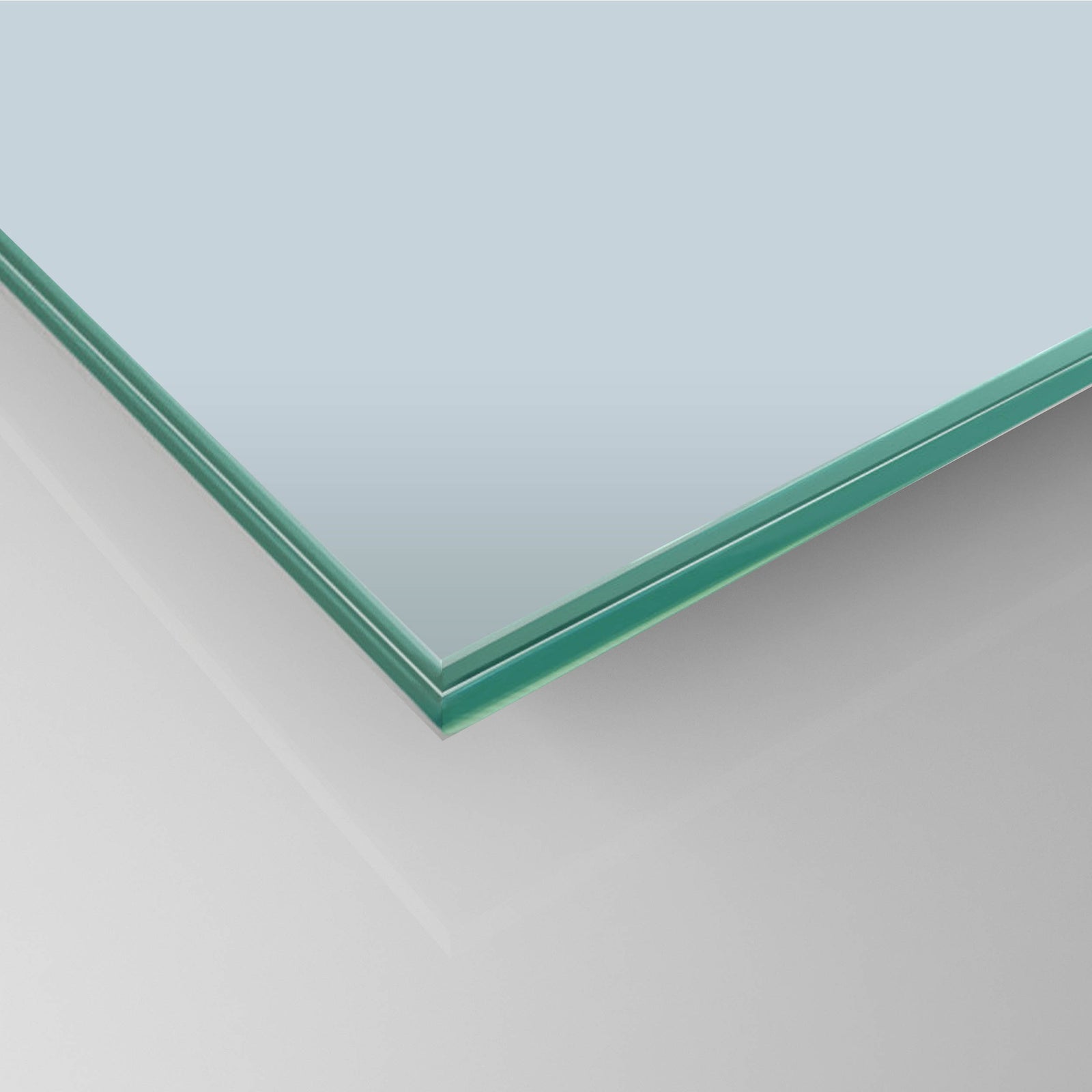 6 mm laminated safety glass panel with beveled green edges at corner