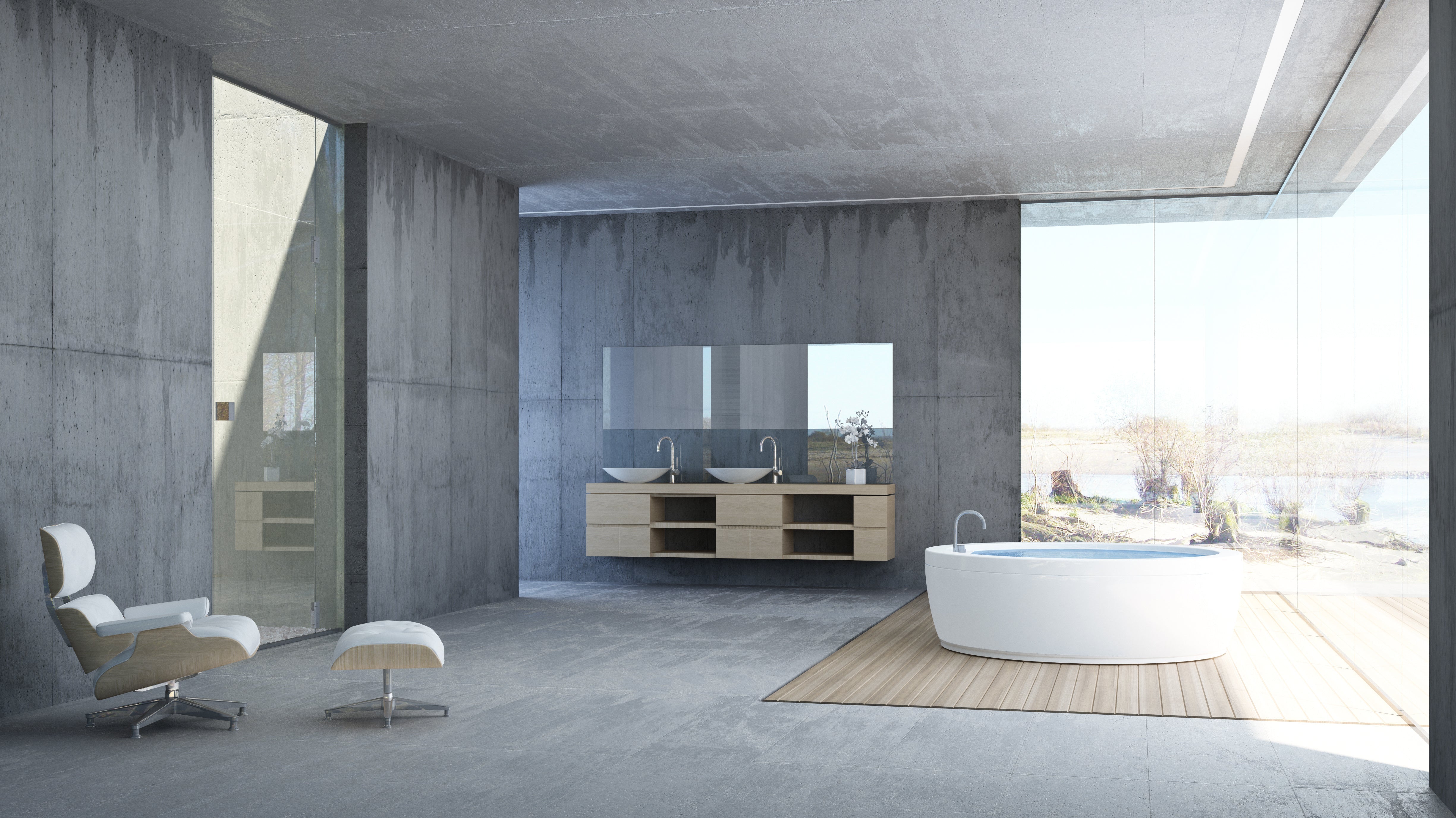 Minimalistische, moderne badkamer met een grote, raamloze badkamerspiegel boven een dubbele wastafel, vloerhoge glazen oppervlakken en een vrijstaande badkuip – ideaal voor het presenteren van hoogwaardige moderne spiegels.