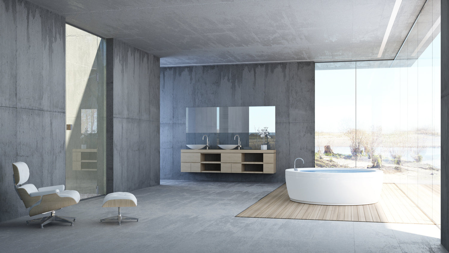 Minimalistisches, modernes Badezimmer mit einem großen, rahmenlosen Badezimmerspiegel über einem Doppelwaschtisch sowie bodentiefen Glasflächen und einer freistehenden Badewanne – ideal zur Präsentation hochwertiger moderner Spiegel.