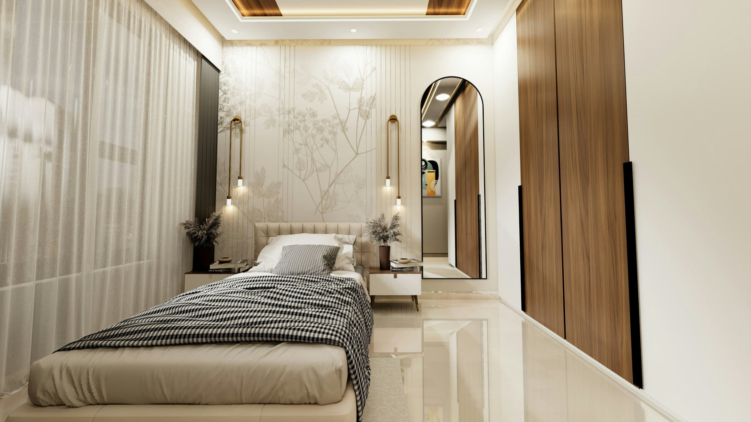 Helles, stilvoll eingerichtetes Schlafzimmer mit einem großen eleganten Ganzkörperspiegel mit abgerundeter Oberkante, modernen Holzelementen und einem gemütlichen Bett – ideal zur Präsentation hochwertiger Ganzkörperspiegel.