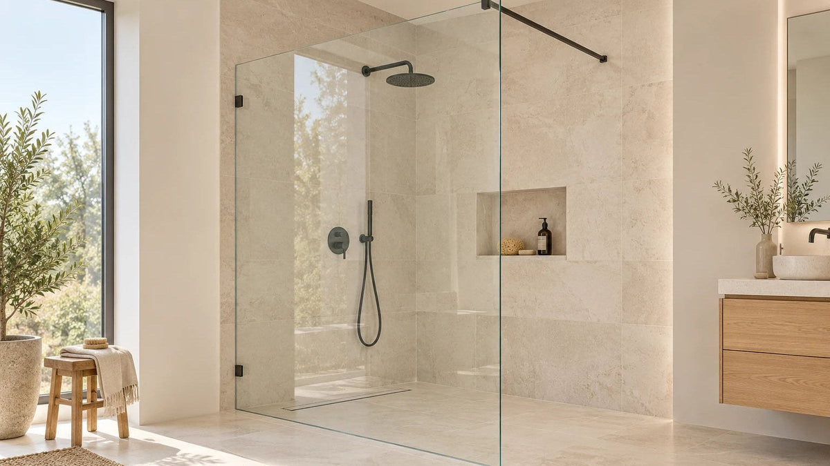 Saubere Duschwand aus Klarglas: rahmenlose Walk-in-Dusche mit schwarzer Stabilisationsstange im hellen Bad