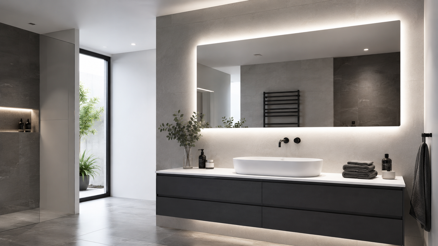 Modernes Badezimmer mit beleuchtetem LED-Spiegel, schwarzem Waschtisch, Aufsatzwaschbecken und grauen Fliesen