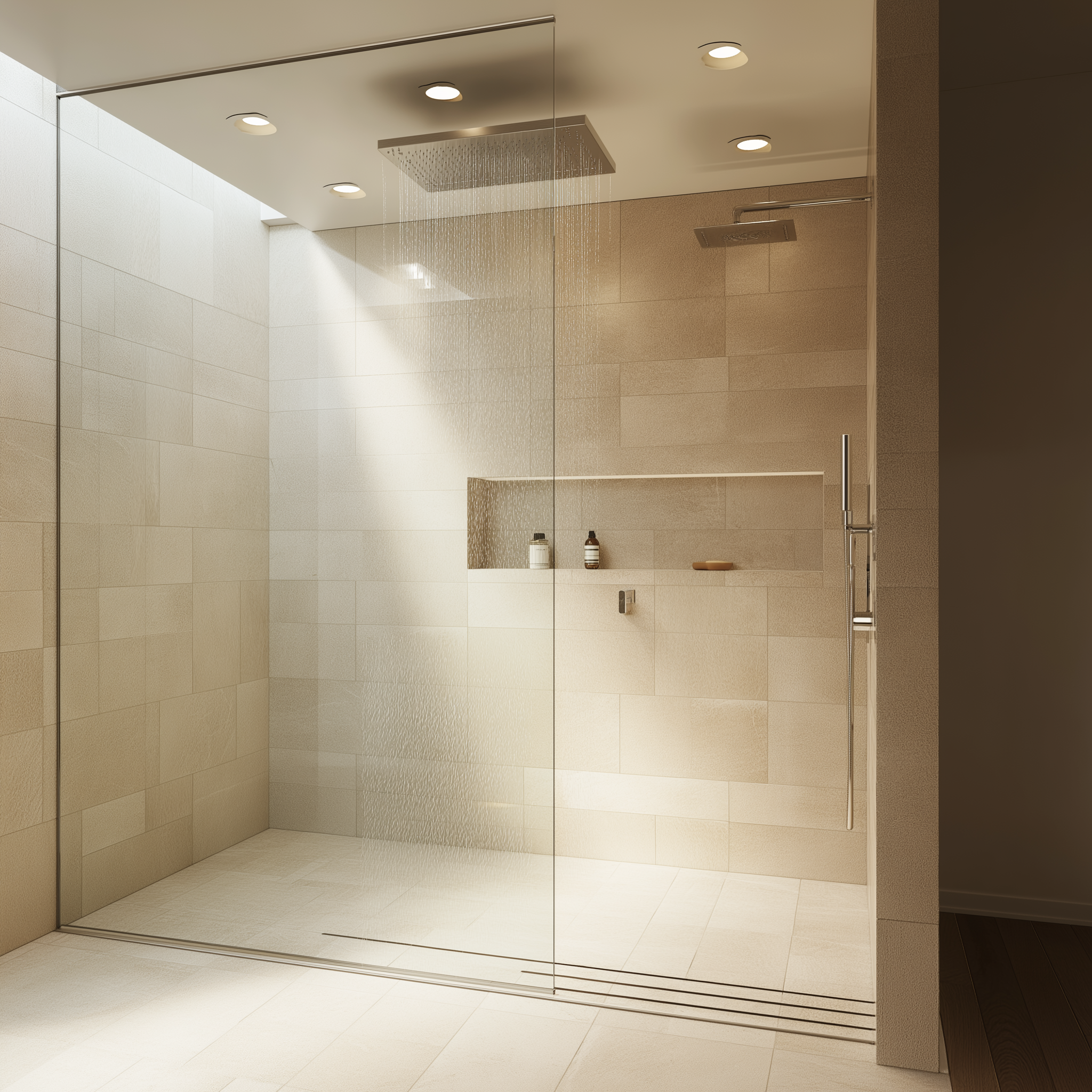 Begehbare Walk-in-Dusche mit großer Glaswand, Decken-Regendusche und integrierter Ablagenische in modernem, hell gefliestem Badezimmer.