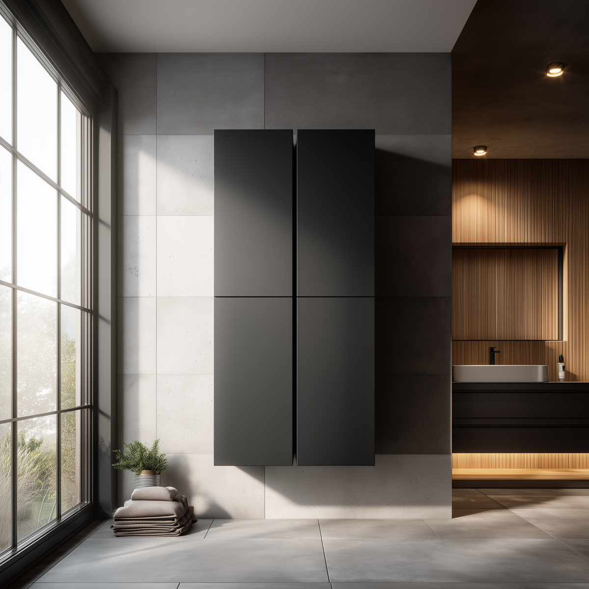 Minimalistischer Bad-Hochschrank in Schwarz matt, wandhängend und grifflose Front, passend für moderne Badezimmer.