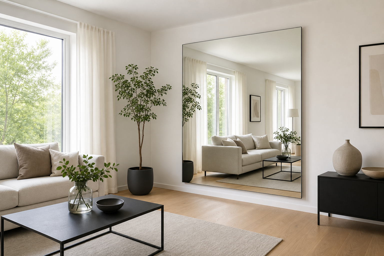 Modernes Wohnzimmer mit großem Rundbogen-Wandspiegel hinter dem Sofa