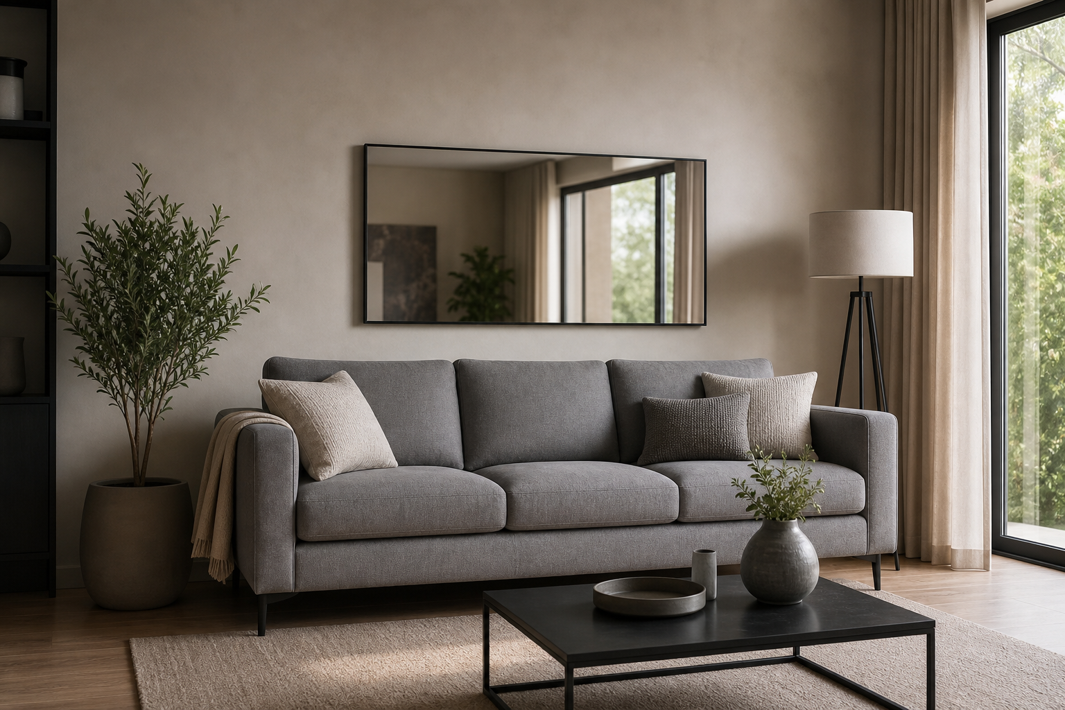 Rechteckiger Wandspiegel über grauem Sofa im Wohnzimmer