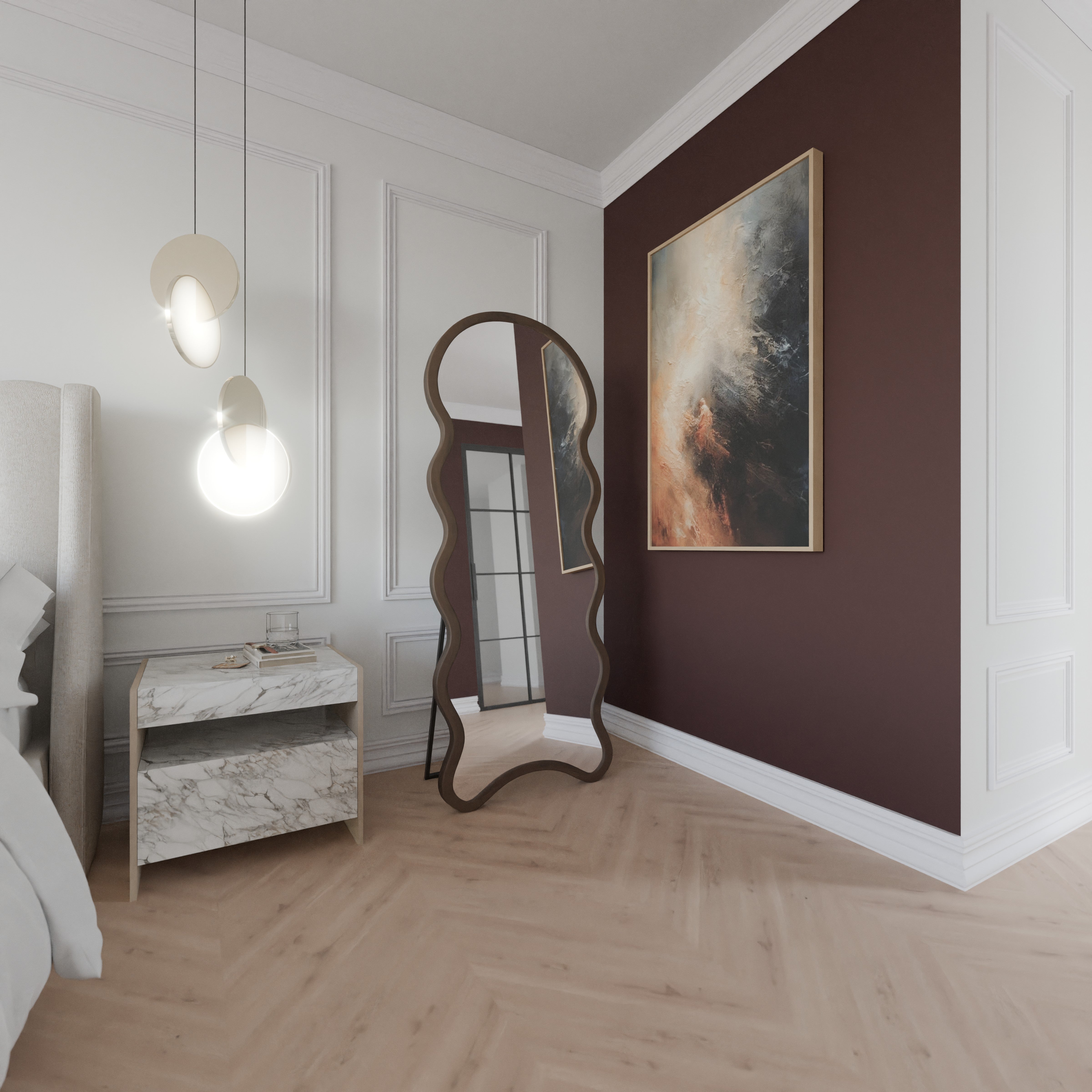 Amor freistehender Ganzkörperspiegel mit wellenförmiger, organischer Silhouette und dunklem Holzrahmen im Schlafzimmer.