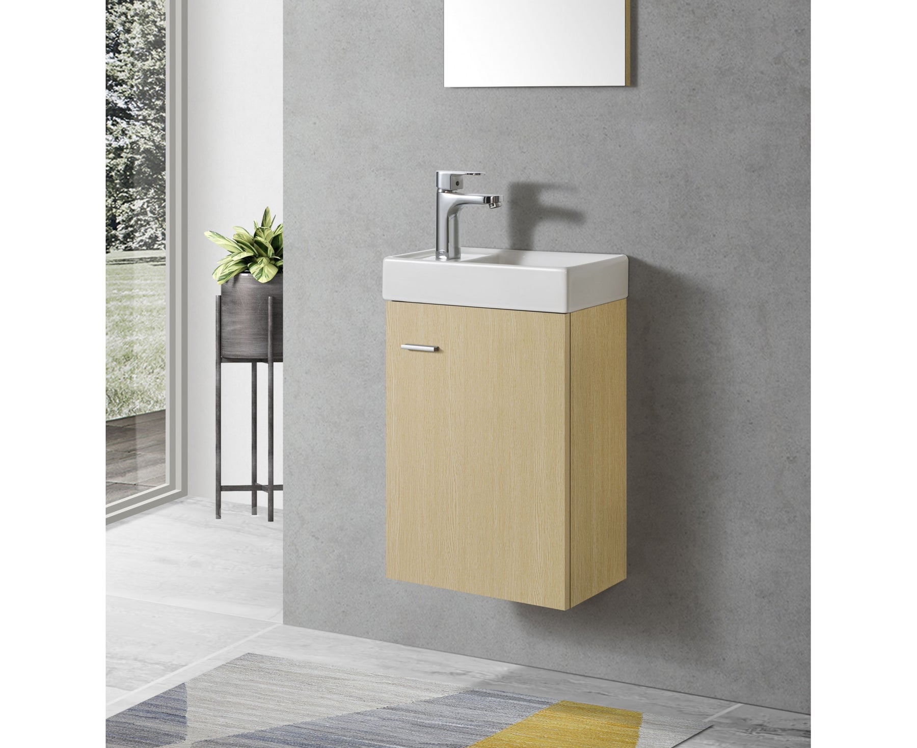 Waschtisch-Unterschrank, helle Holzfront mit 1 Waschtischplatte und Chromhahn