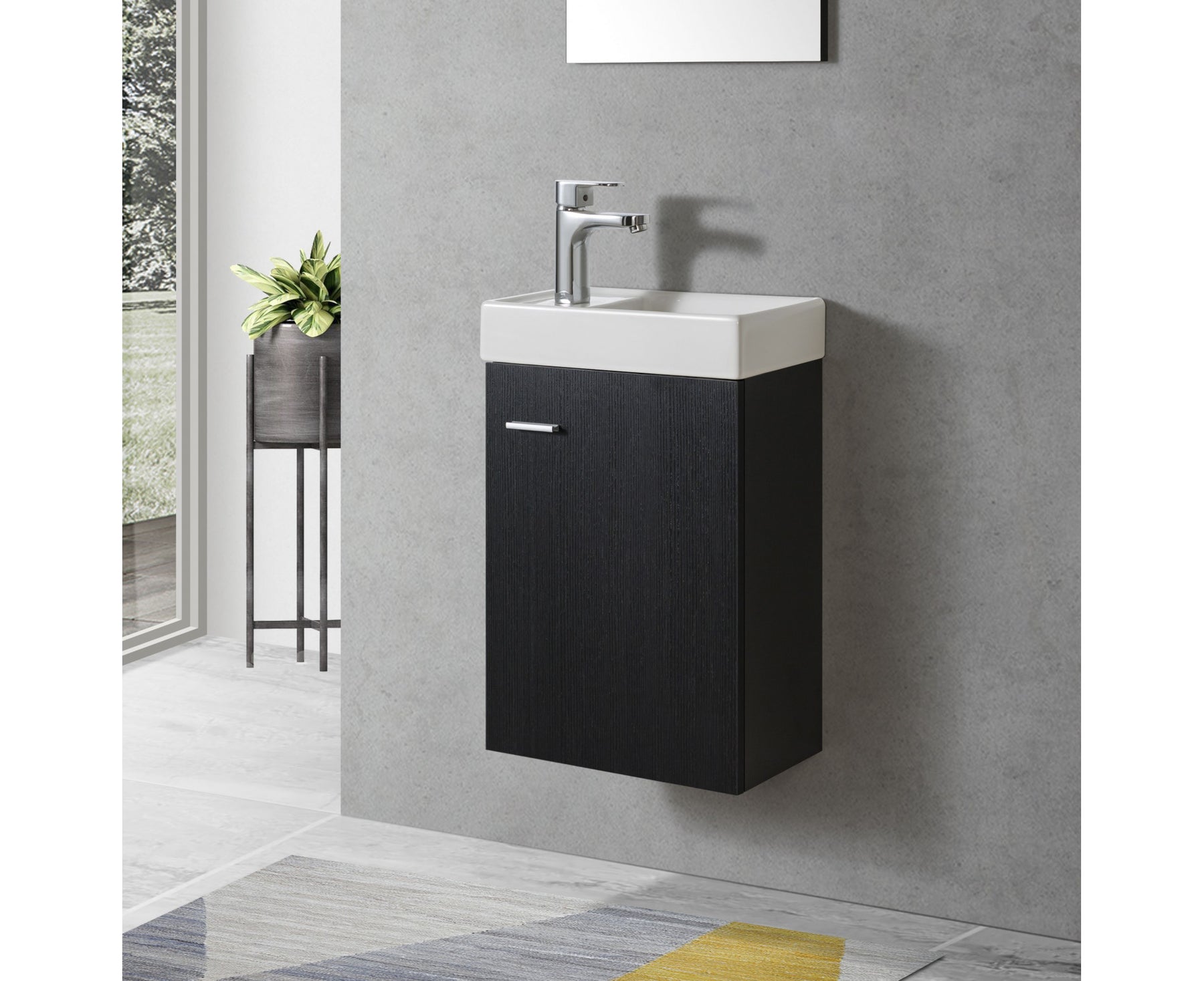 Waschtisch-Unterschrank, schwarze Front mit 1 Waschtischplatte und Chromhahn