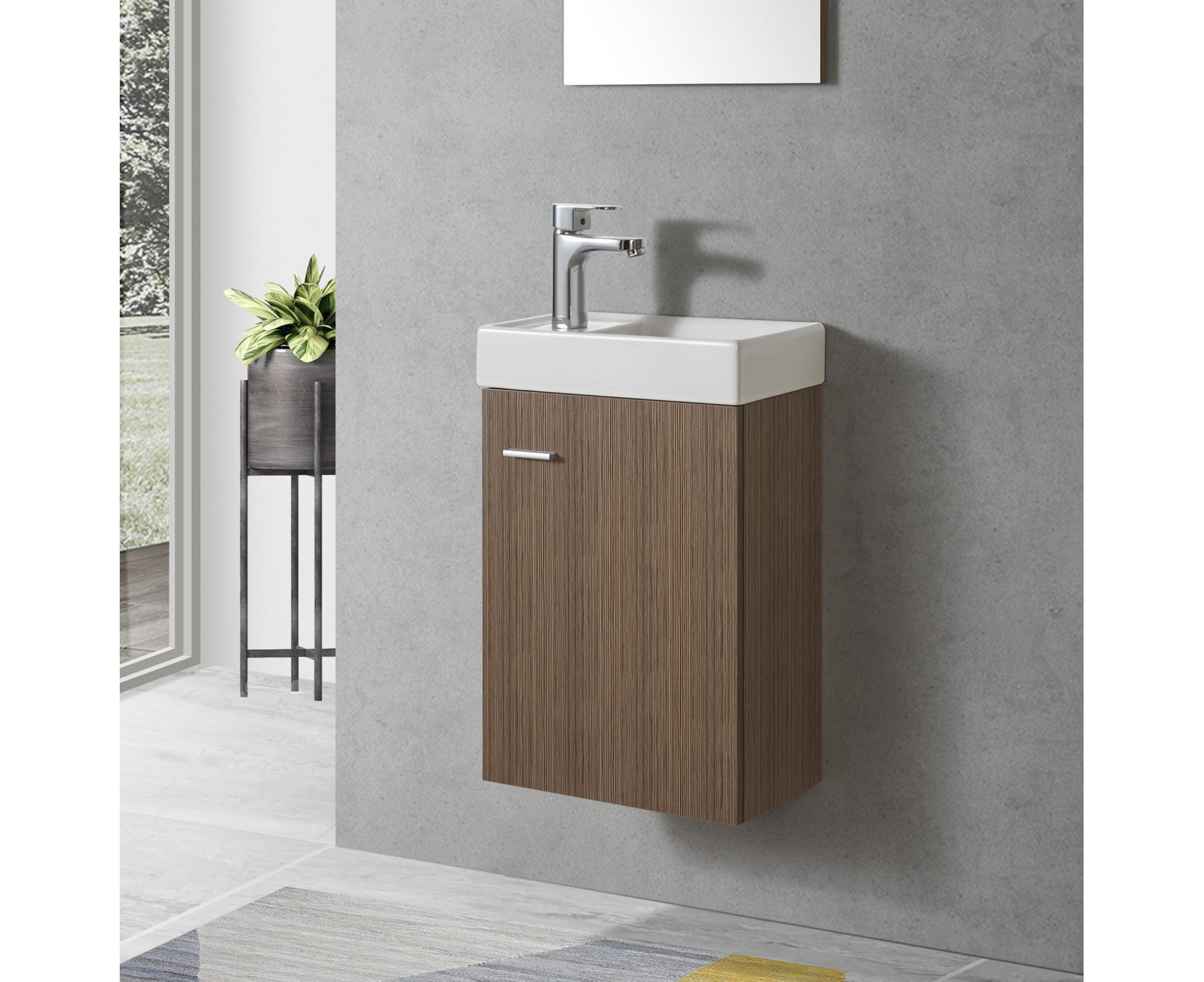 Waschtisch-Unterschrank, braune Holzfront mit 1 Waschtischplatte und Chromhahn