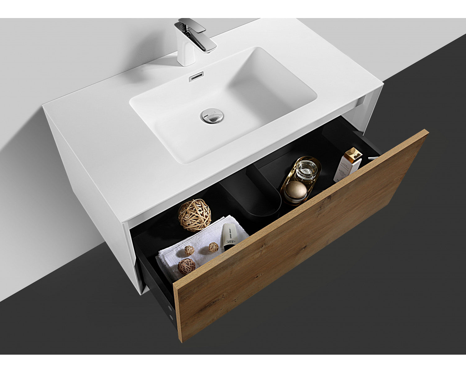 Waschtischunterschrank mit Waschtisch, Schublade offen mit Inneneinteilung, Holzfront