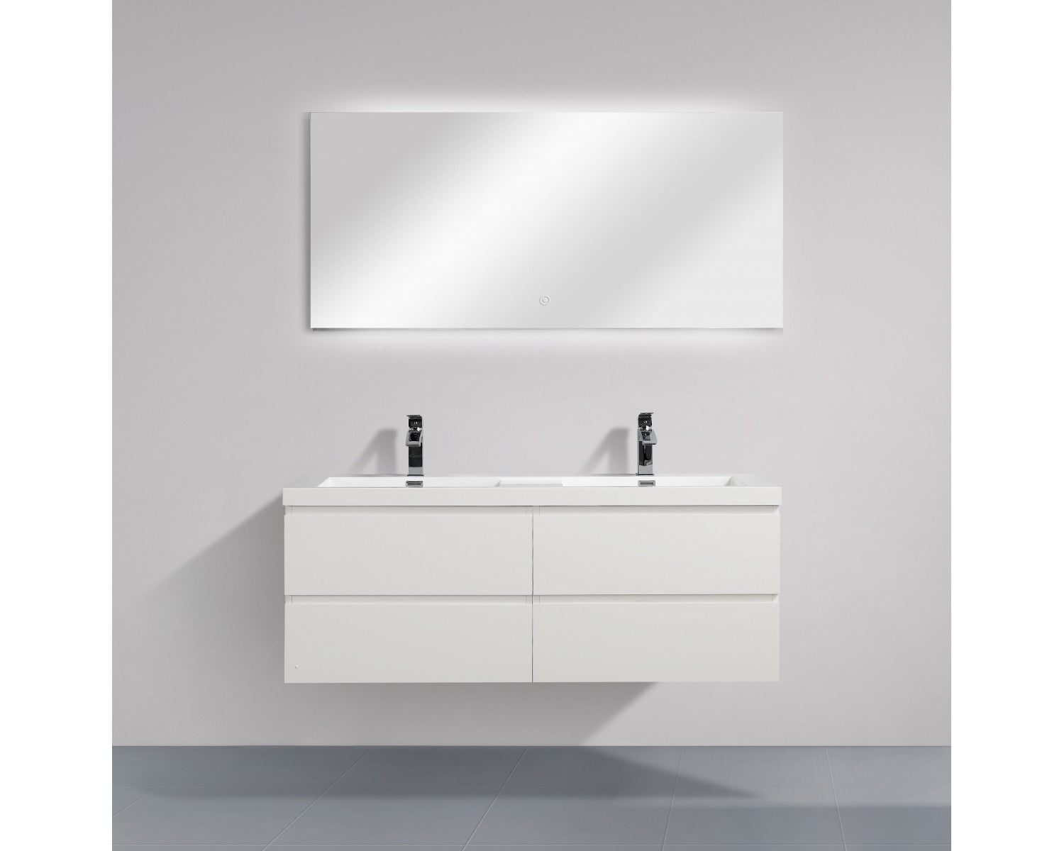Badezimmer-Unterschrank mit Doppelwaschtisch, weiß, zwei Frontschubladen und Mitteltrennwand