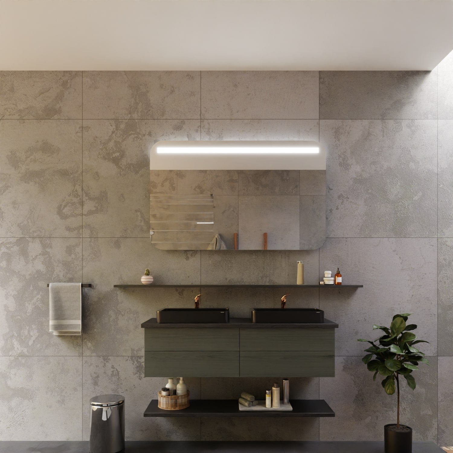 Modernes Badezimmer mit beleuchtetem Spiegel mit abgerundeten Ecken, Doppelwaschbecken in Schwarz, schwebendem Unterschrank in Holzoptik, grauen Betonoptik-Fliesen und minimalistischer Baddekoration – stilvolles Bad-Design mit Fokus auf Spiegelbeleuchtung und klarer Linienführung