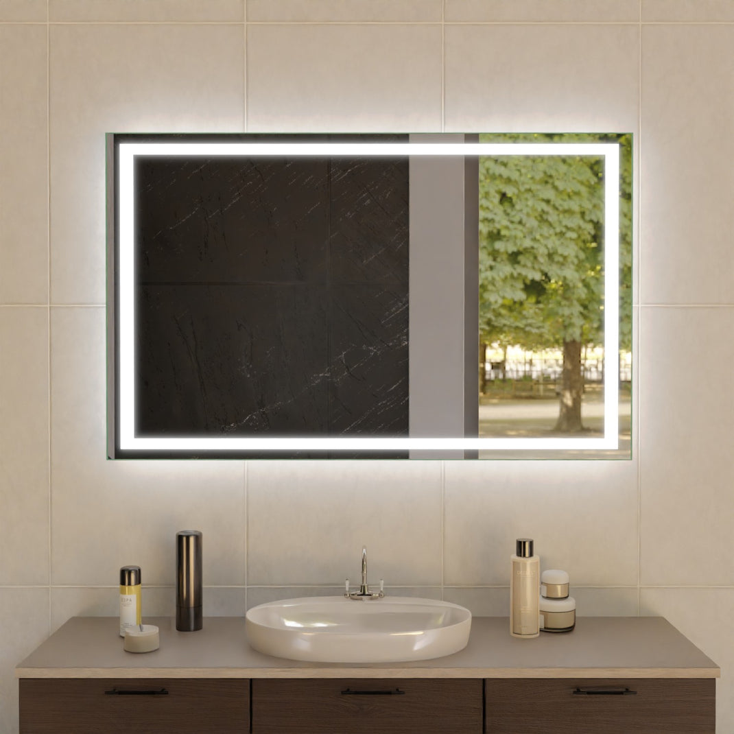 LED bathroom mirror with rectangular frame, bright backlit border and dark glass insert