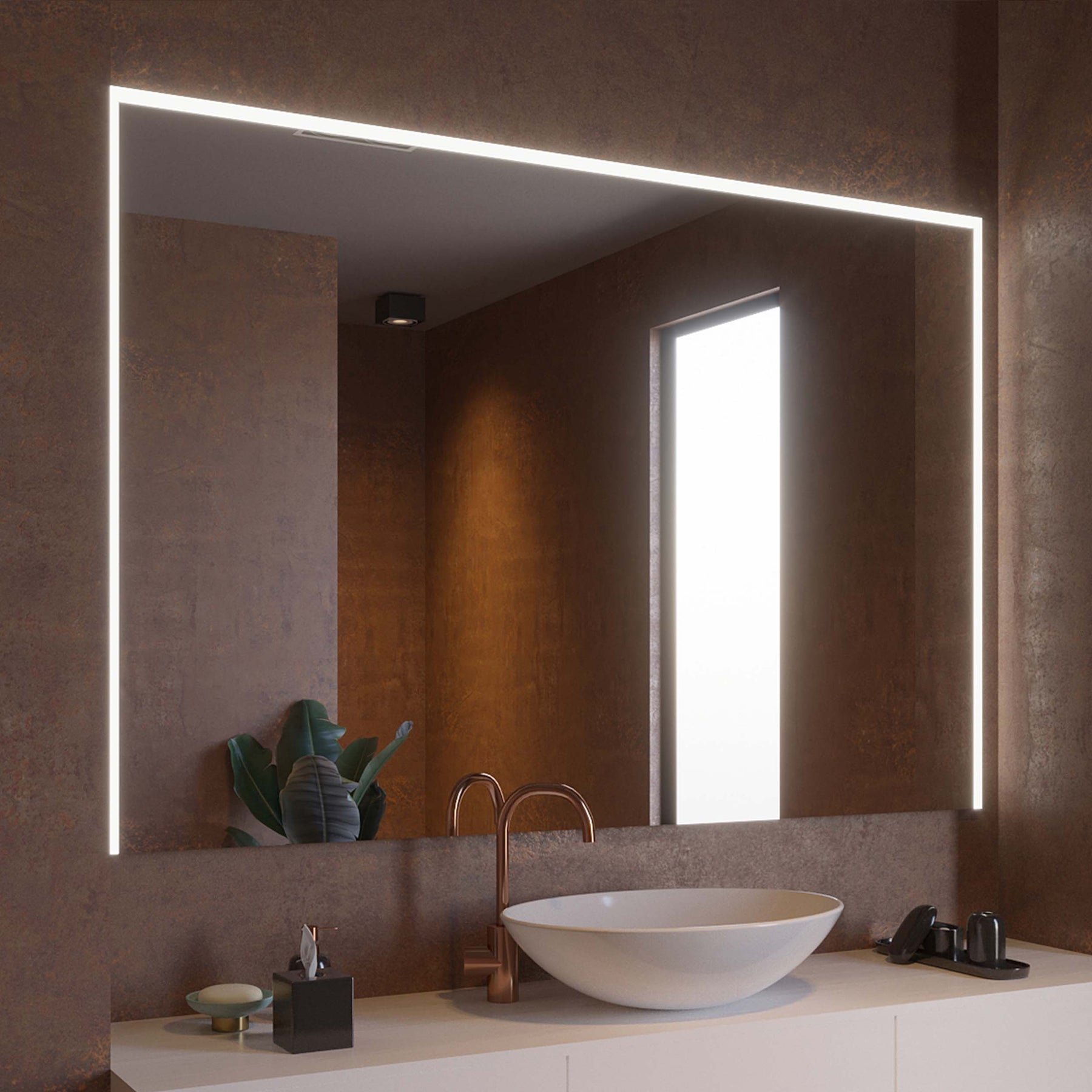 LED-Badspiegel mit Leuchtrahmen und Spiegelbild eines hellen Durchgangs