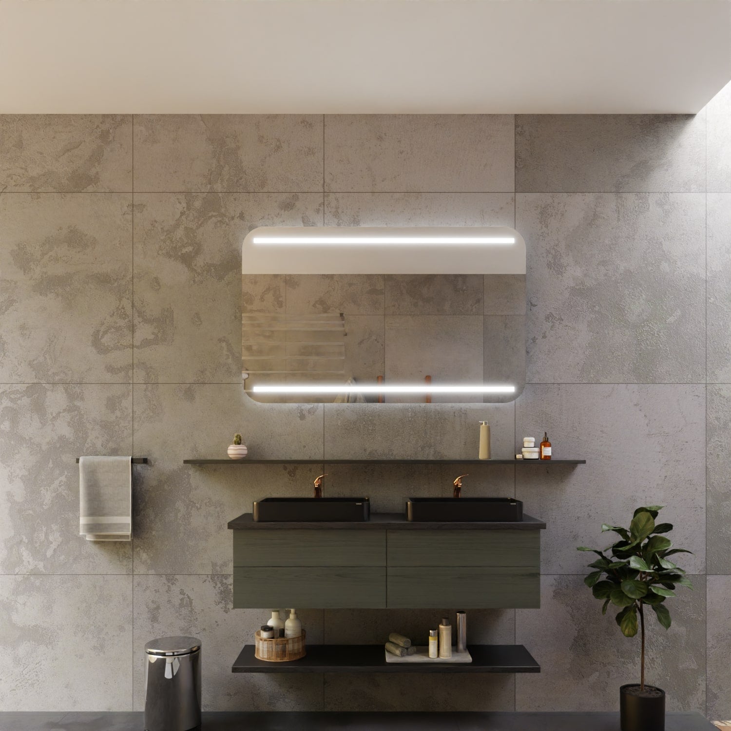 Modernes Badezimmer mit Betonoptik-Fliesen, beleuchtetem Spiegel mit abgerundeten Ecken, Doppelwaschbecken mit dunklen Armaturen, schwebendem Unterschrank und minimalistischer Dekoration