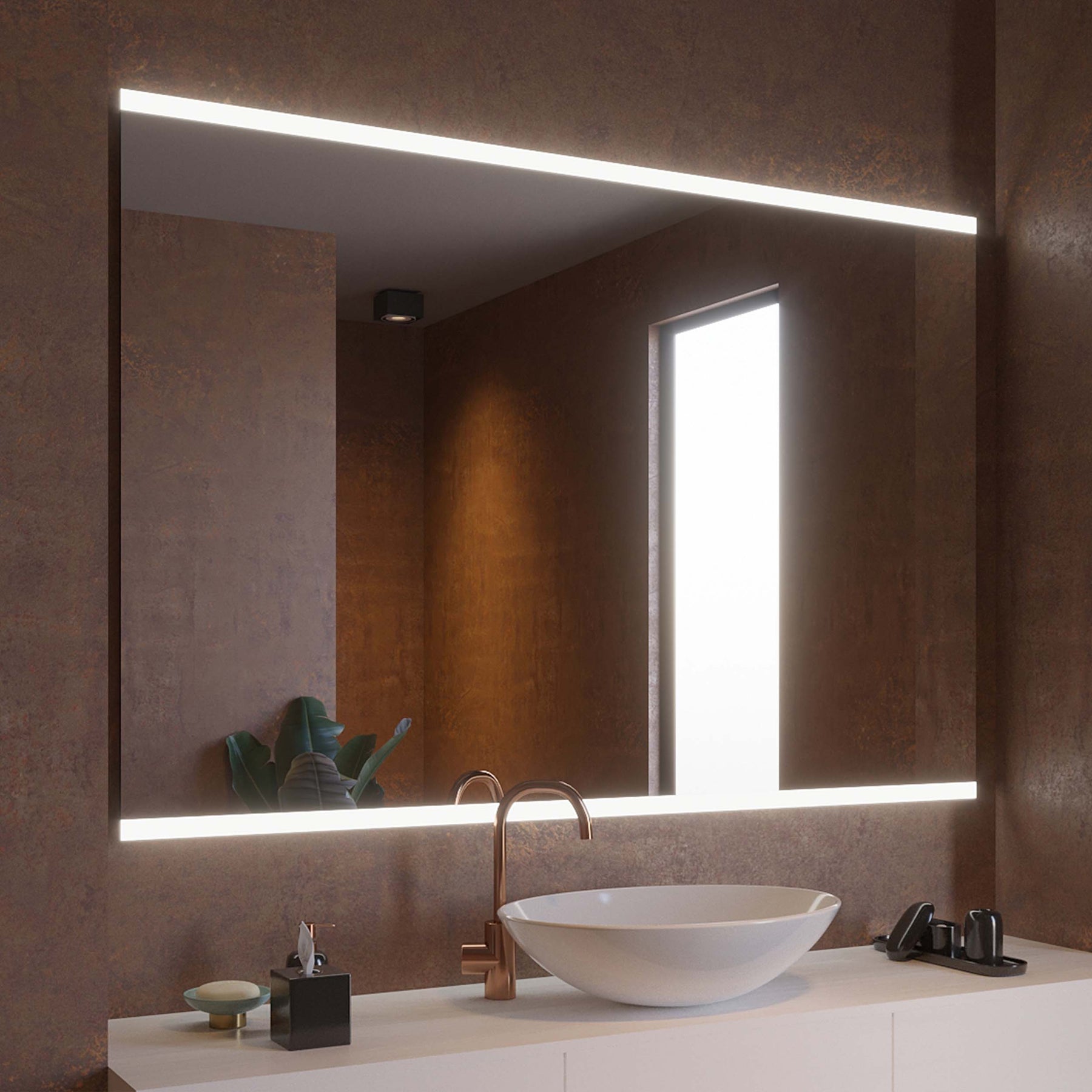 LED-Badspiegel mit beleuchtetem Rahmen über dem Waschbecken und der Armatur