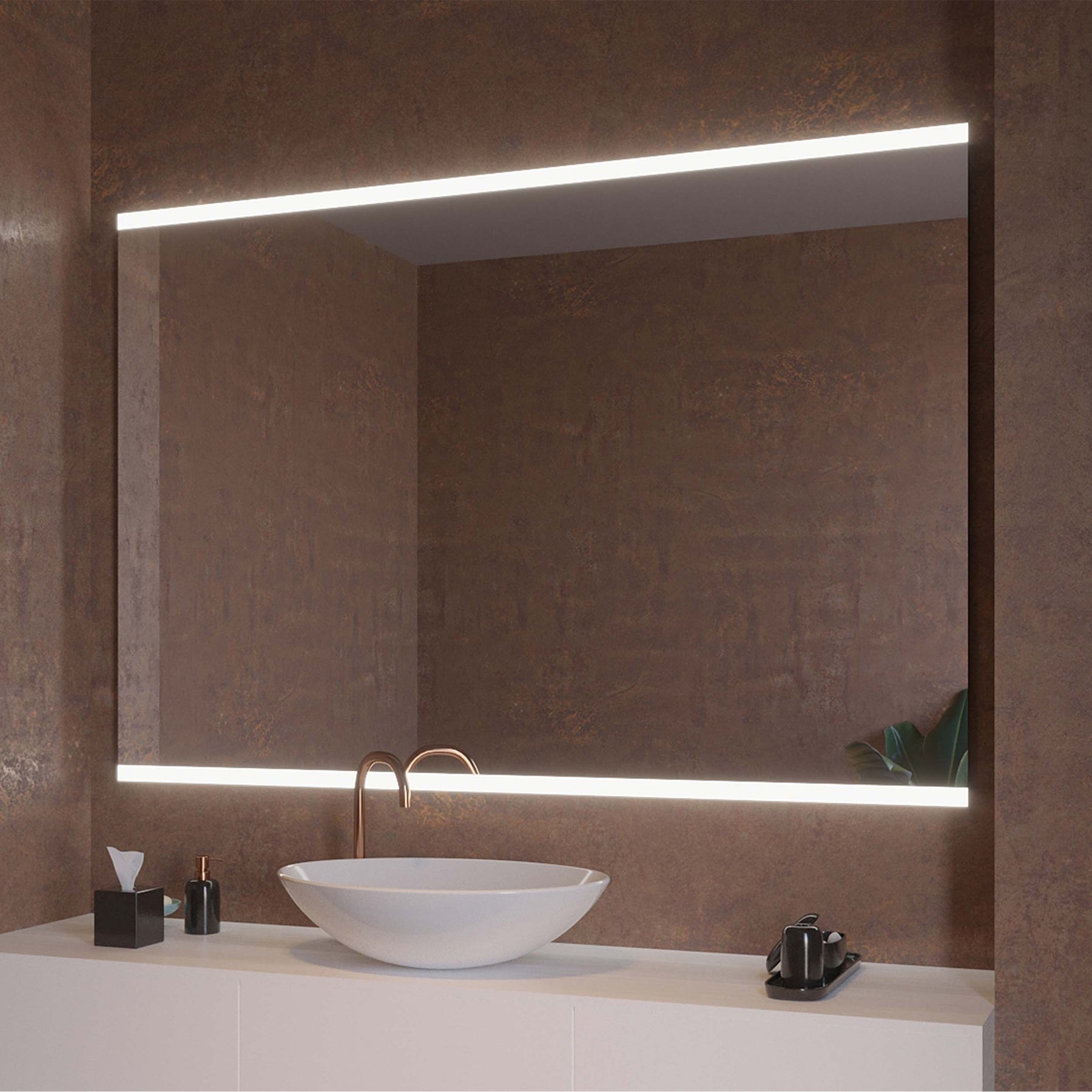 LED-Badspiegel mit umlaufend beleuchteter Einfassung und rechteckiger Spiegelfläche