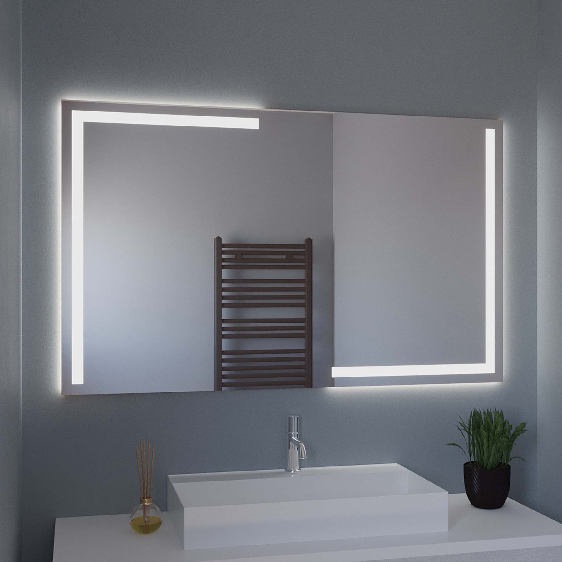 LED-Badspiegel Krefeld, rechteckiger Spiegel mit LED-Rand und klarer Spiegelfläche