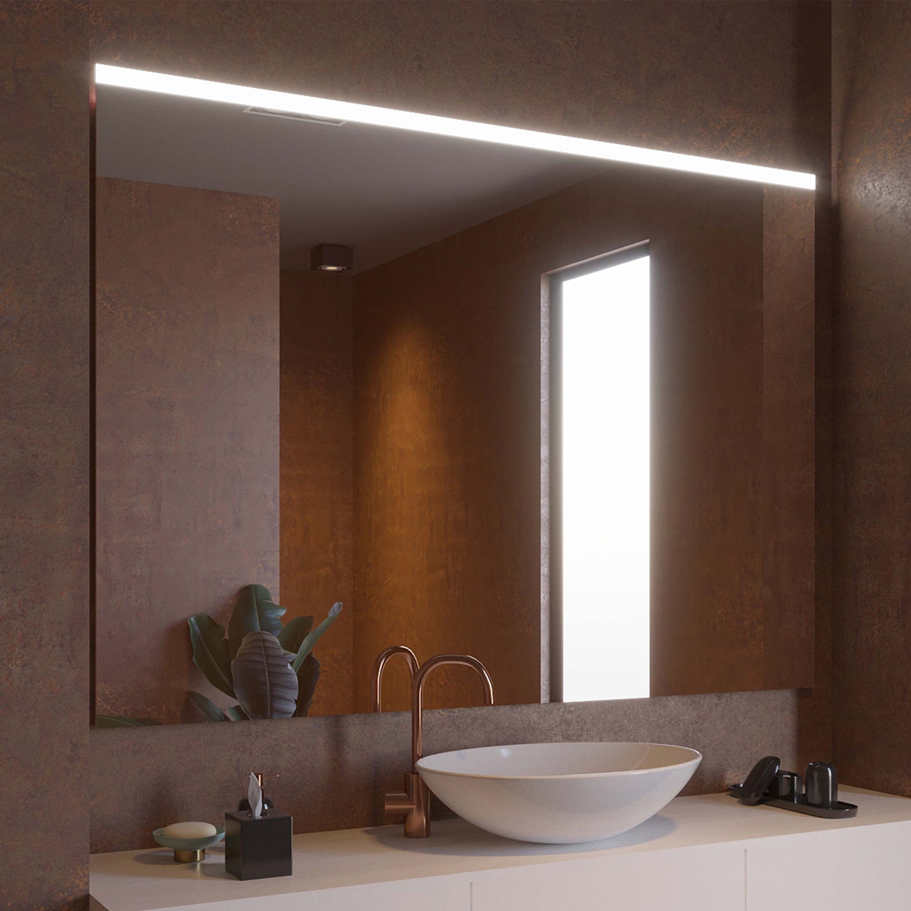 LED-Spiegel mit LED-Lichtleiste, rechteckig; Reflexion von Waschbecken und Armatur