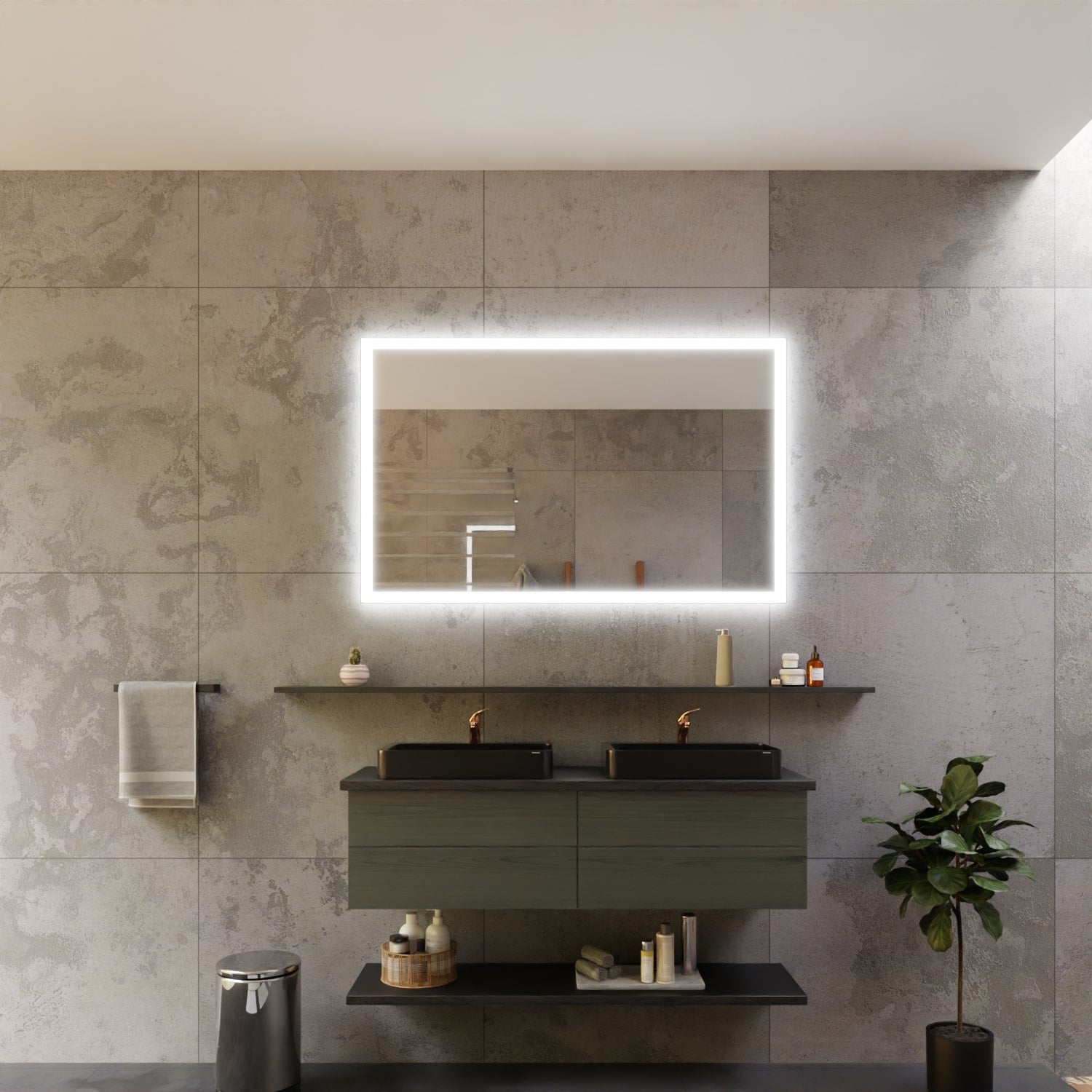 Modernes Badezimmer mit rechteckigem LED-Spiegel, Doppelwaschbecken in Schwarz, schwebendem Unterschrank in Holzoptik, grauen Betonoptik-Fliesen und minimalistischer Dekoration – stilvolles Bad-Design mit Fokus auf Spiegelbeleuchtung und klaren Linien