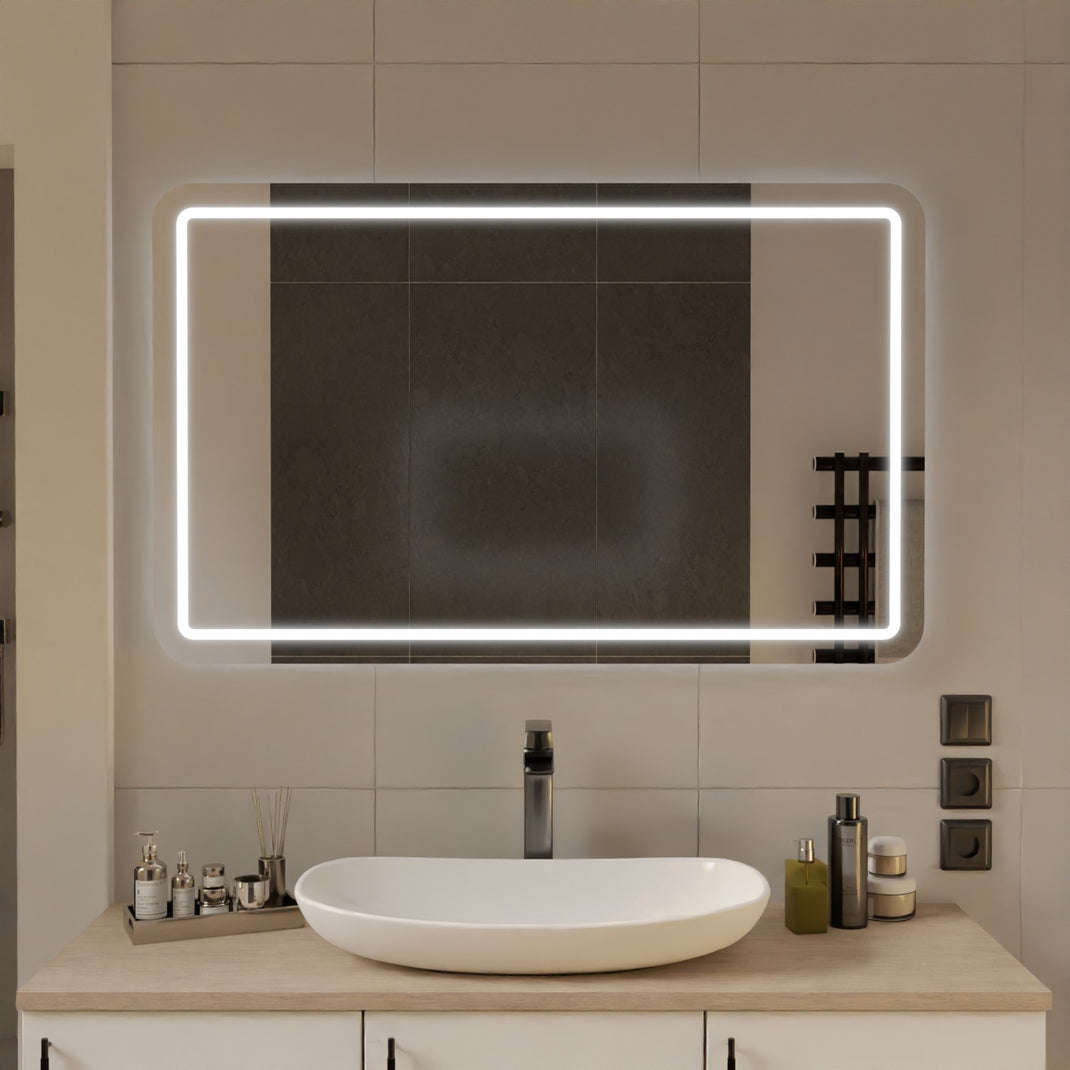 Badezimmerspiegel mit LED-Rahmen, abgerundeten Ecken, rechteckig, weiß beleuchtet